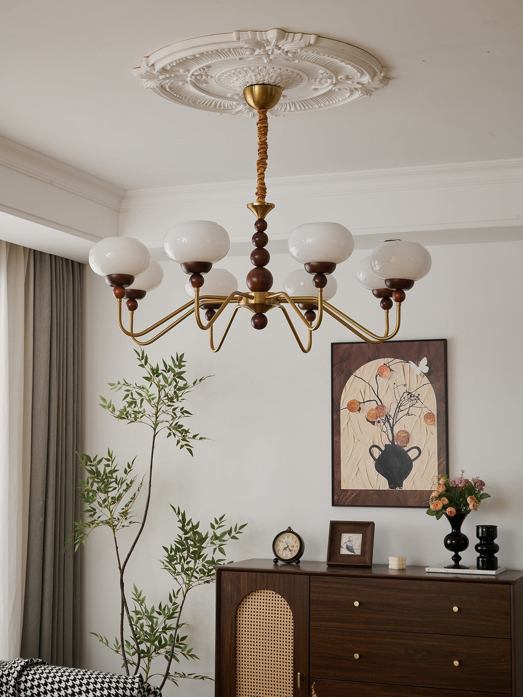 Lustra Chandelier Verre Bois Laiton Moderne 6-Lumières - Neutralighting