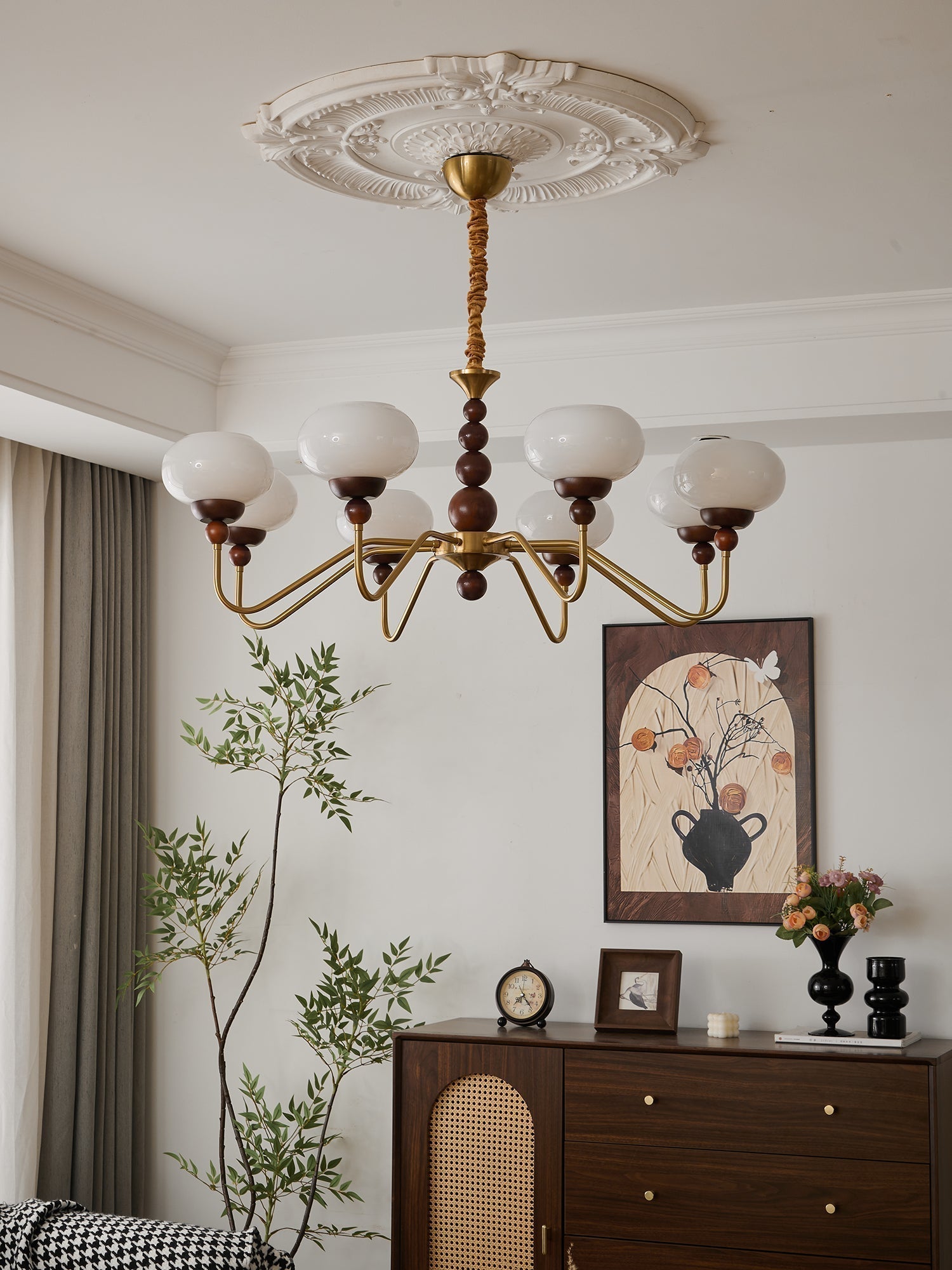 Lustra Chandelier Verre Bois Laiton Moderne 6-Lumières - Neutralighting
