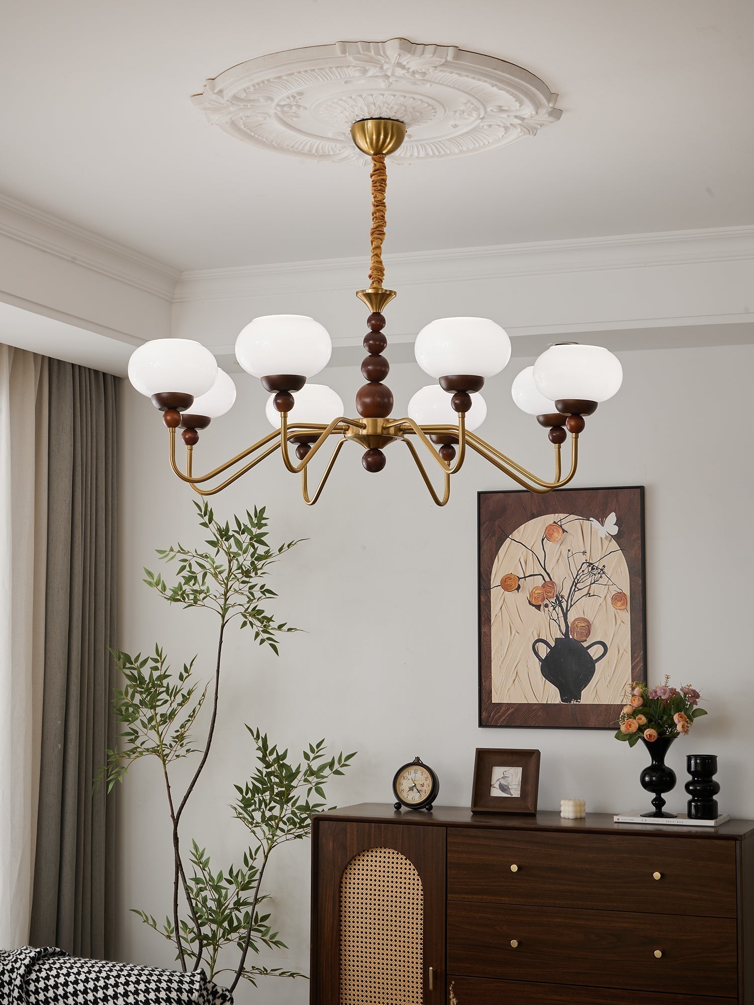 Lustra Chandelier Verre Bois Laiton Moderne 6-Lumières - Neutralighting