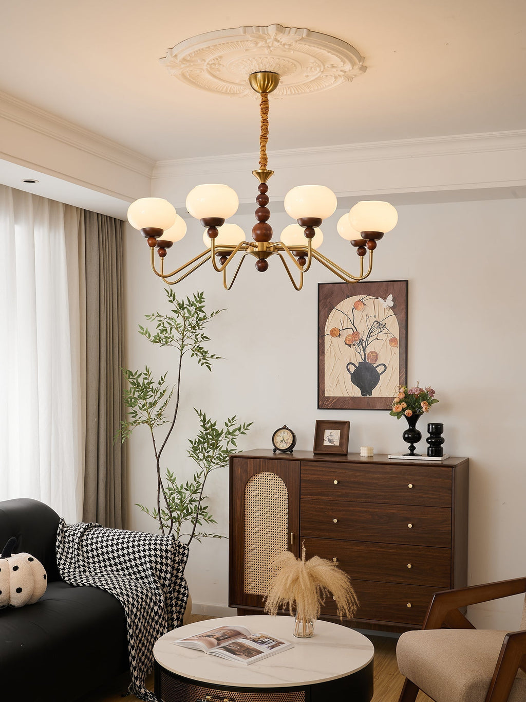 Lustra Chandelier Verre Bois Laiton Moderne 6-Lumières - Neutralighting