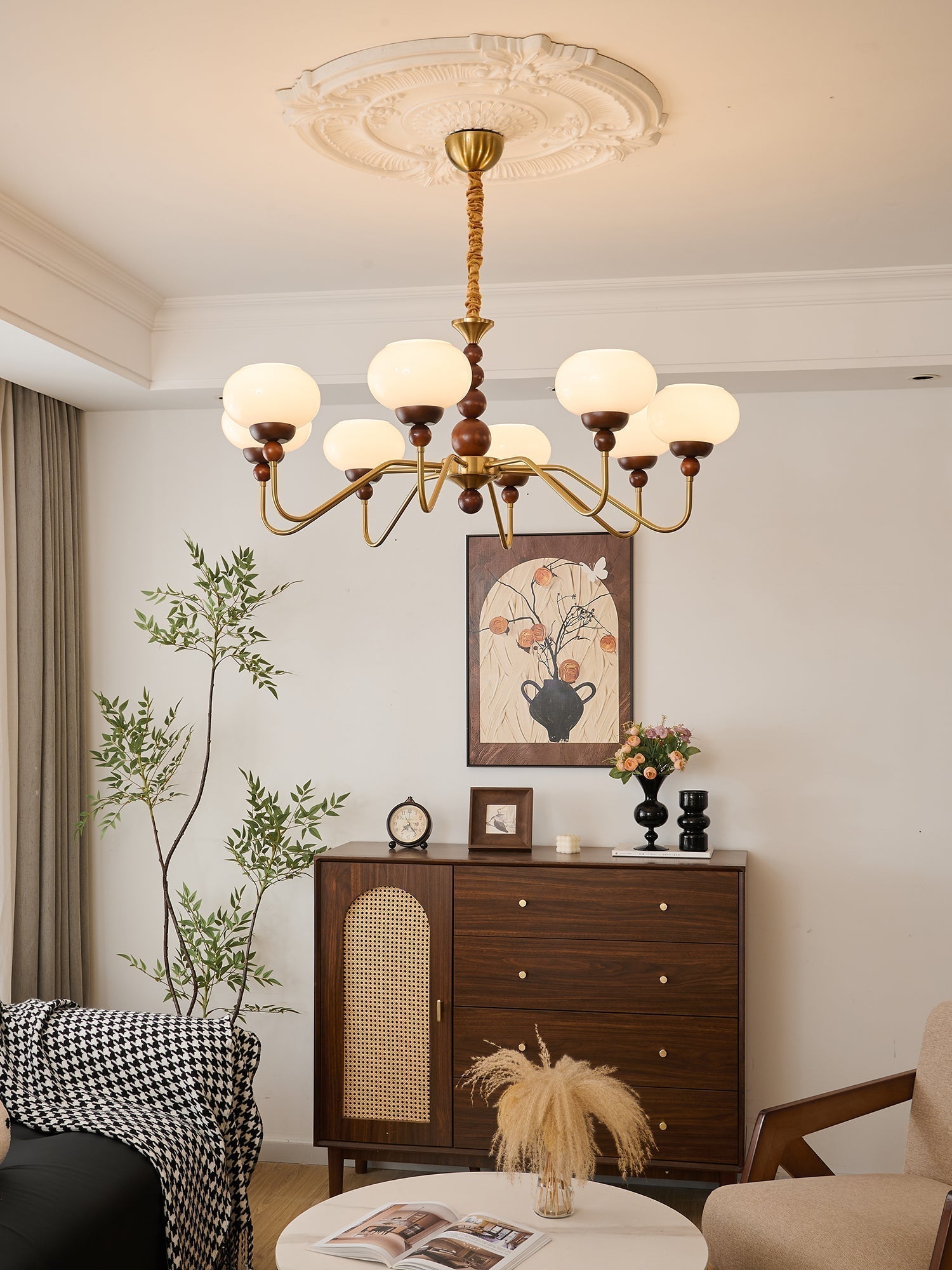 Lustra Chandelier Verre Bois Laiton Moderne 6-Lumières - Neutralighting