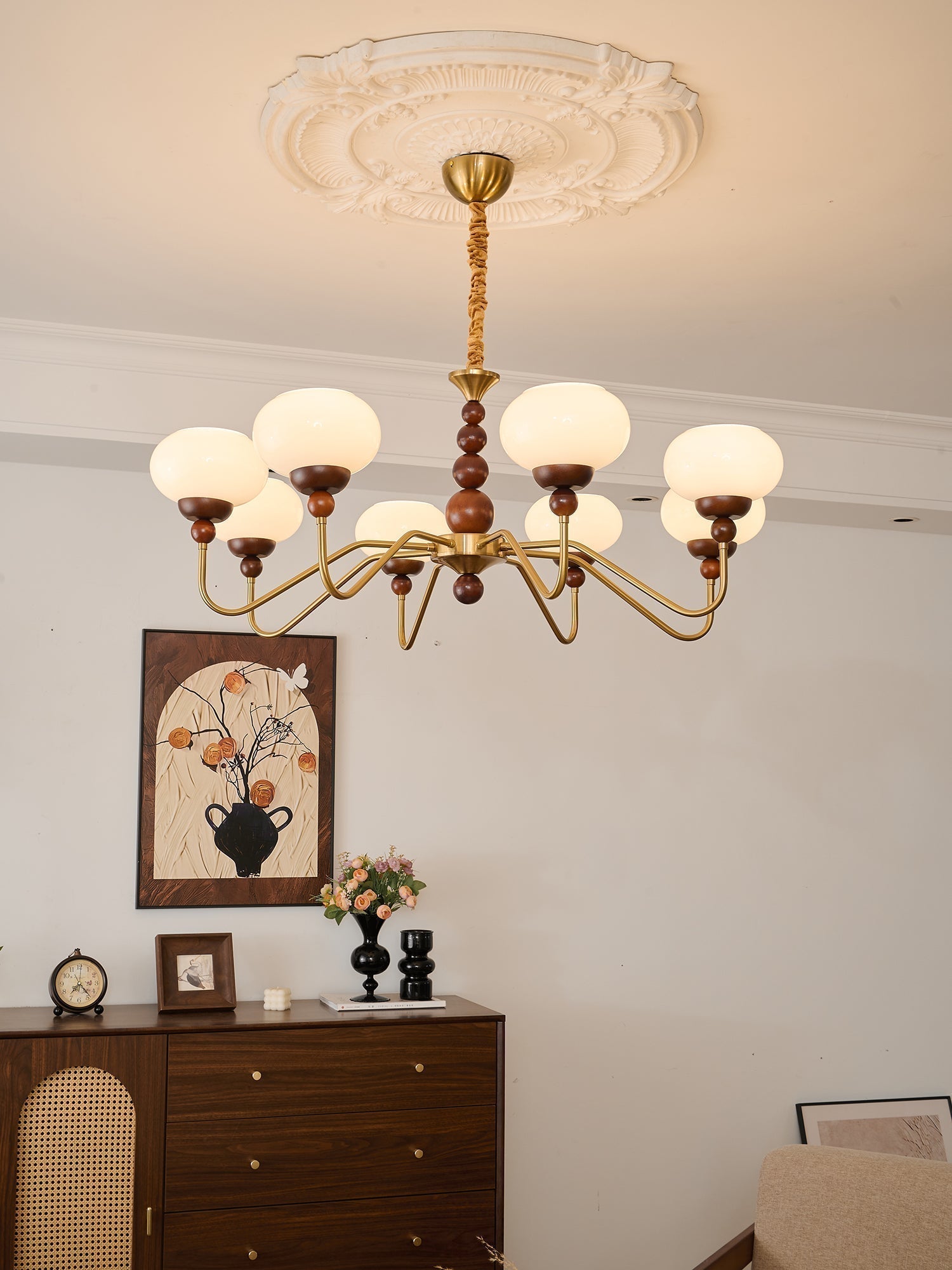 Lustra Chandelier Verre Bois Laiton Moderne 6-Lumières - Neutralighting