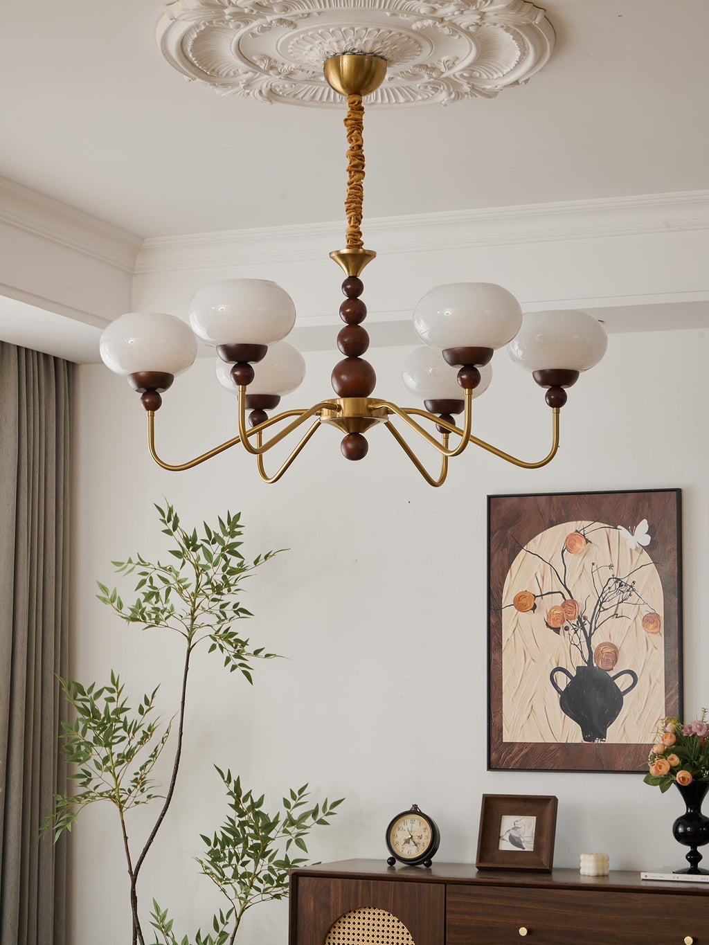 Lustra Chandelier Verre Bois Laiton Moderne 6-Lumières - Neutralighting
