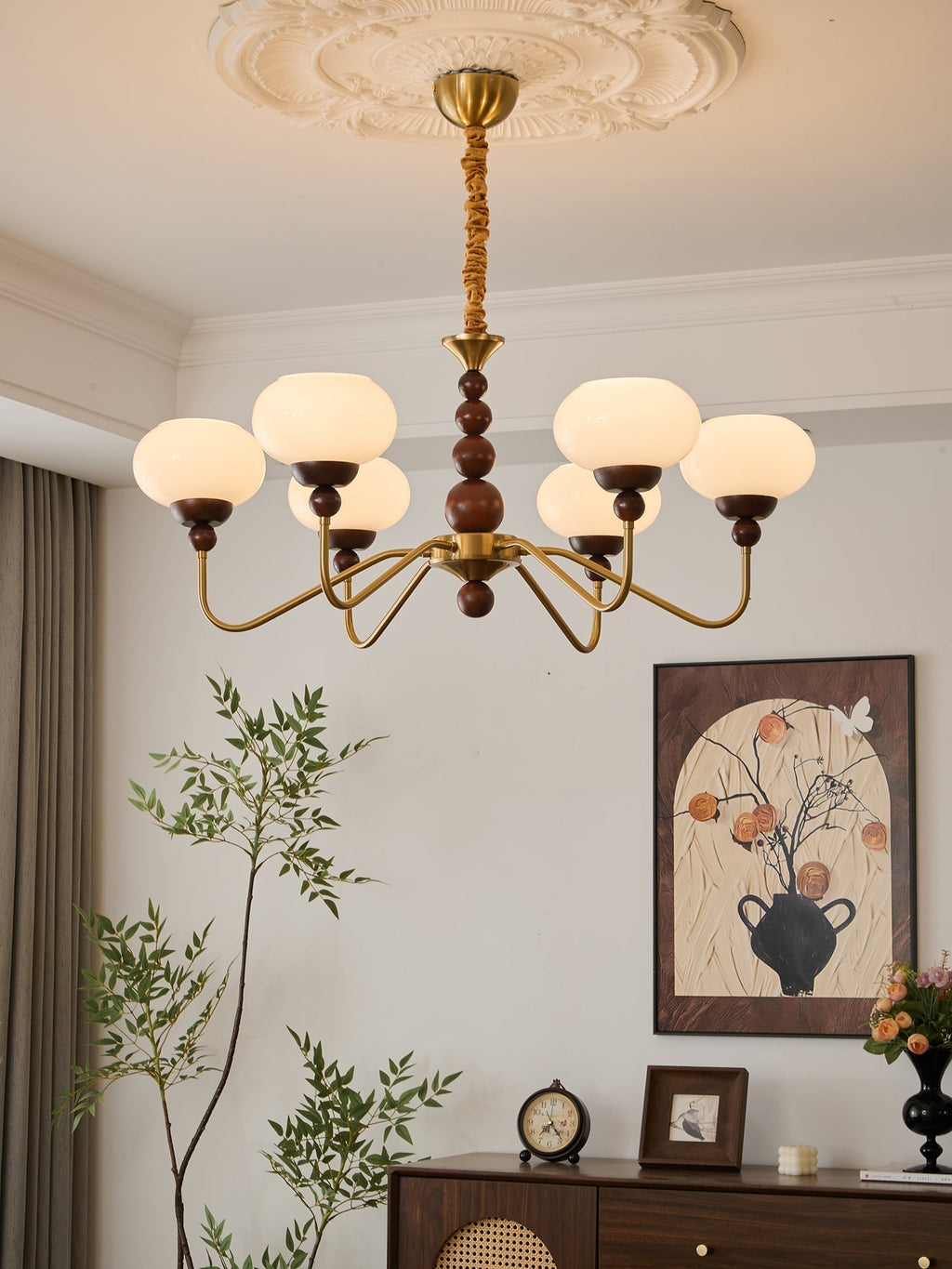 Lustra Chandelier Verre Bois Laiton Moderne 6-Lumières - Neutralighting