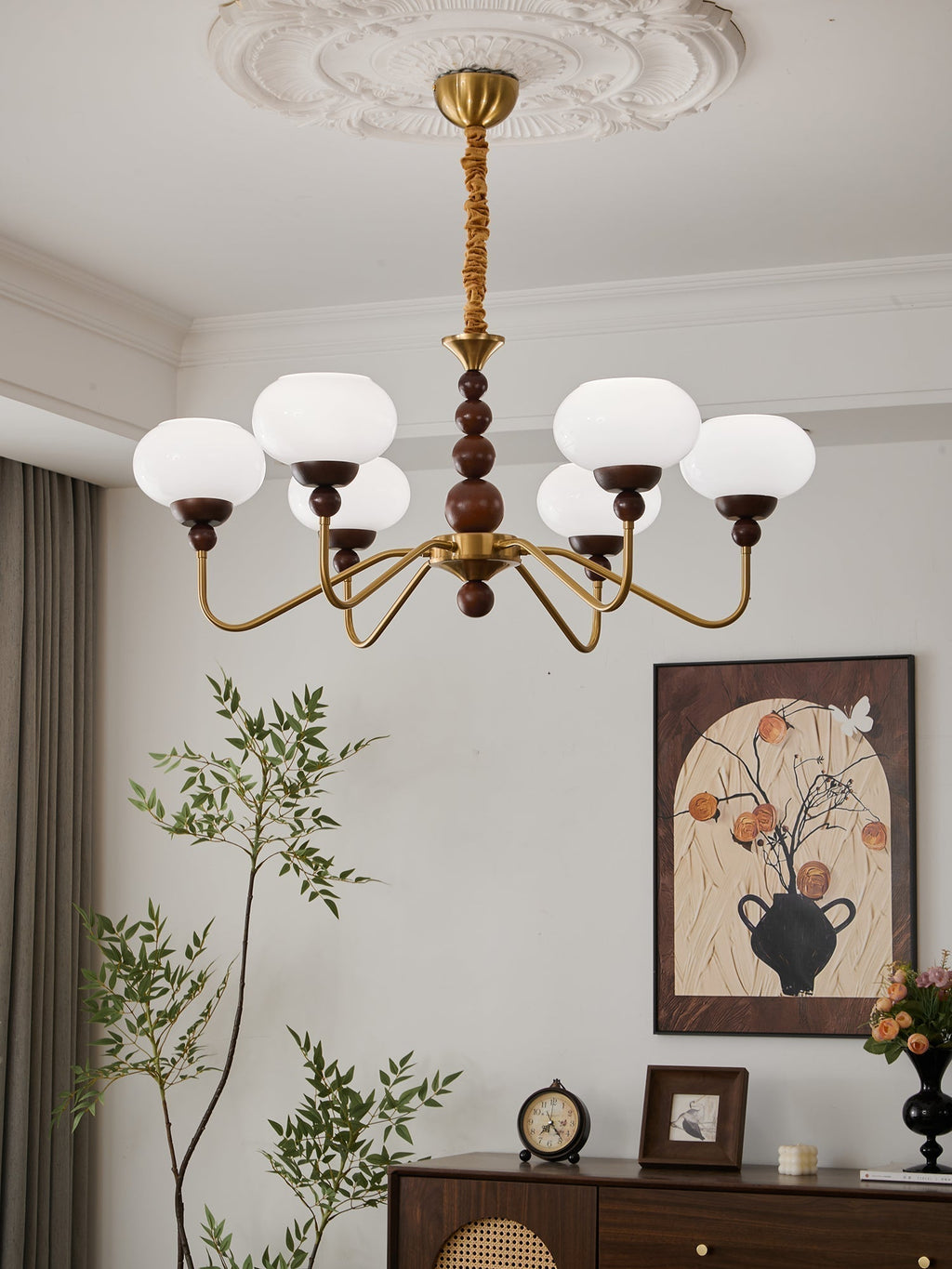 Lustra Chandelier Verre Bois Laiton Moderne 6-Lumières - Neutralighting