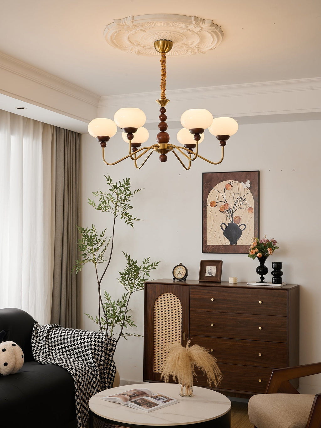 Lustra Chandelier Verre Bois Laiton Moderne 6-Lumières - Neutralighting