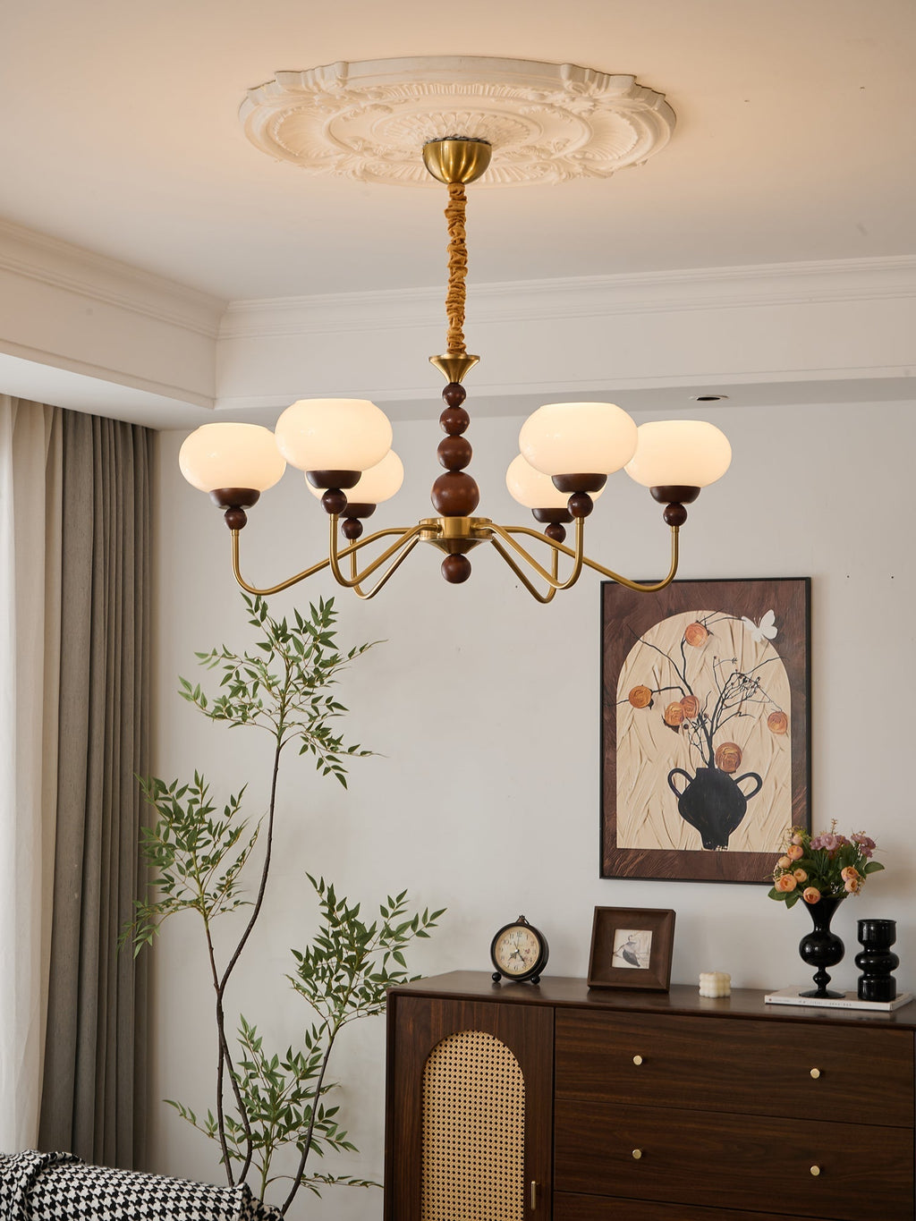 Lustra Chandelier Verre Bois Laiton Moderne 6-Lumières - Neutralighting