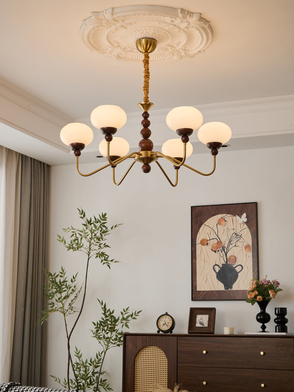 Lustra Chandelier Verre Bois Laiton Moderne 6-Lumières - Neutralighting