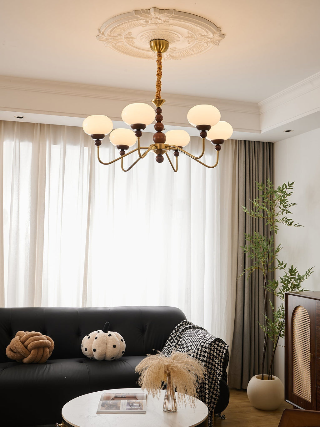 Lustra Chandelier Verre Bois Laiton Moderne 6-Lumières - Neutralighting
