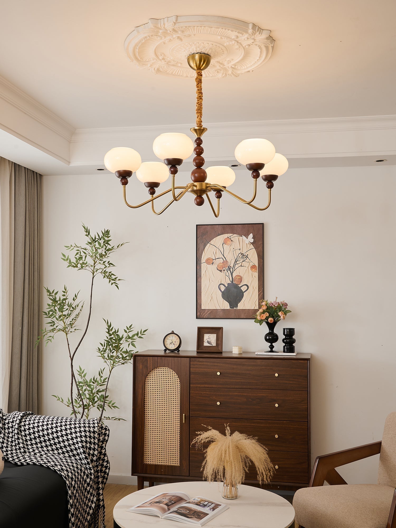 Lustra Chandelier Verre Bois Laiton Moderne 6-Lumières - Neutralighting