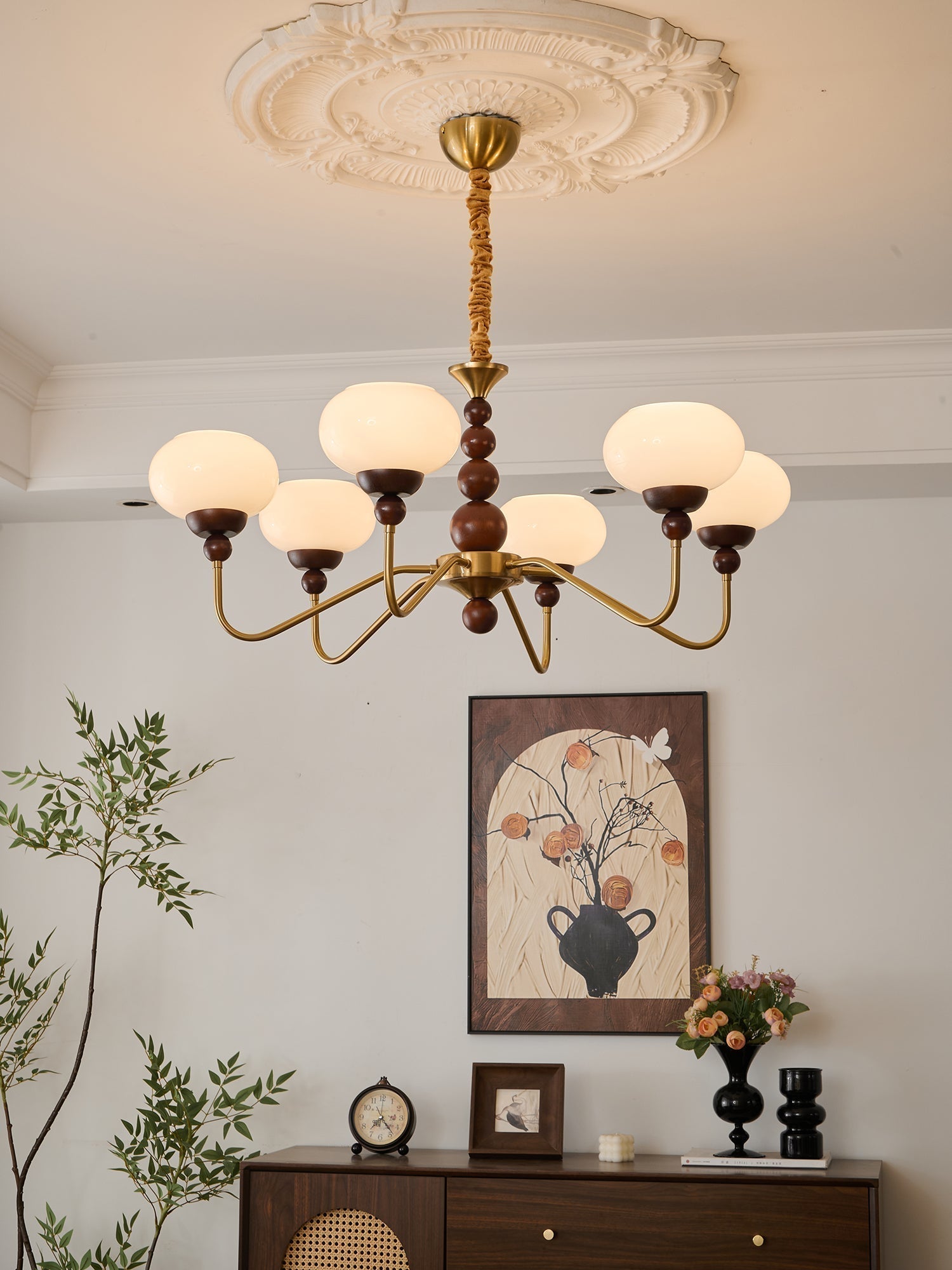 Lustra Chandelier Verre Bois Laiton Moderne 6-Lumières - Neutralighting