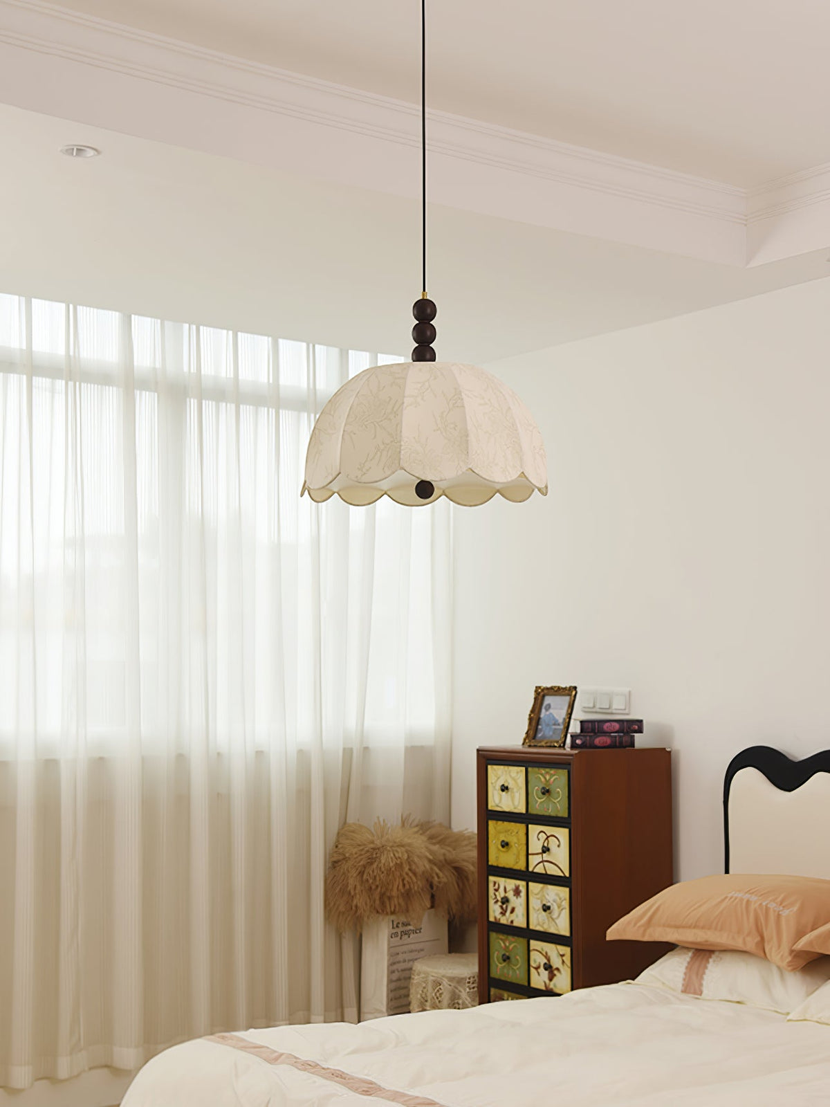 Syphaen Traditionnel Floraison Tissu Bois Pendentif Lumière - Neutralighting