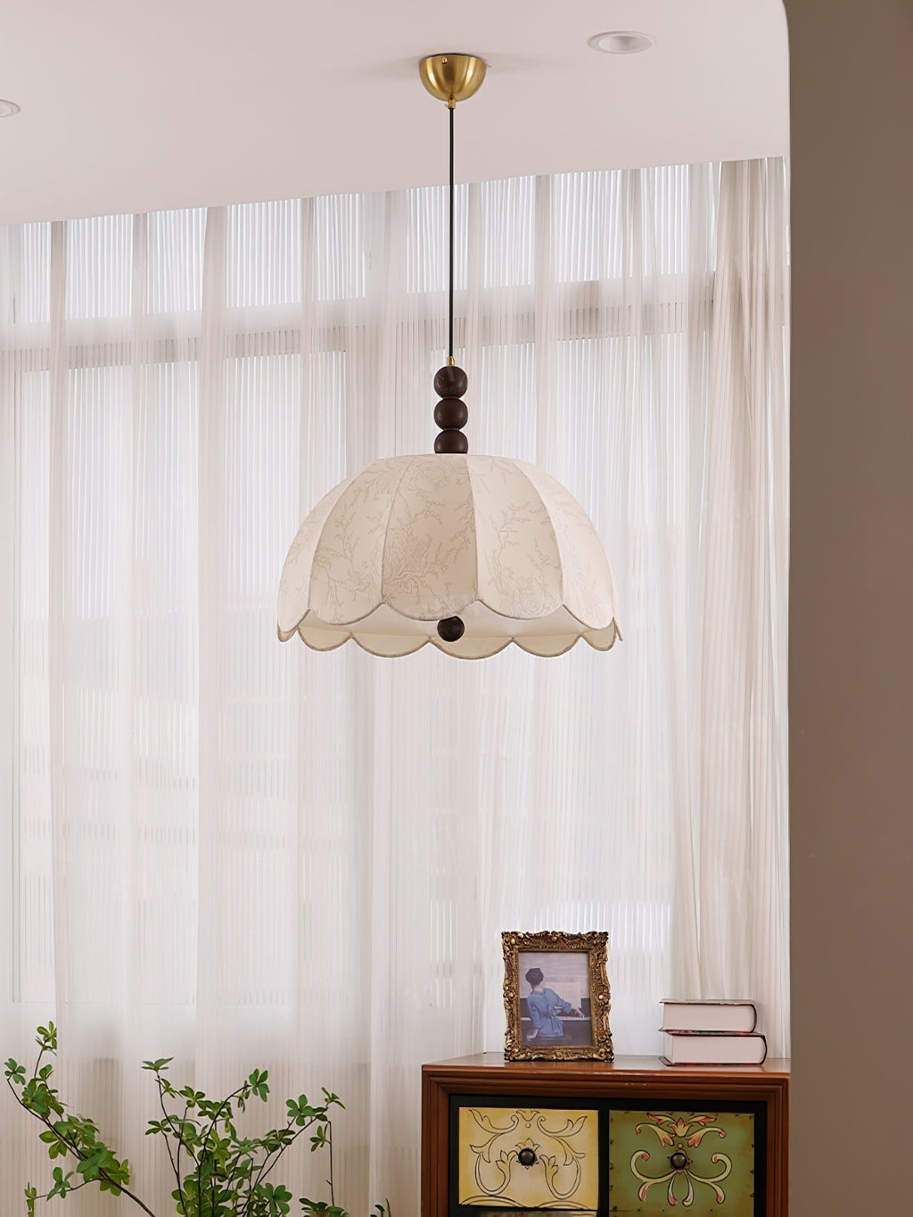 Syphaen Traditionnel Floraison Tissu Bois Pendentif Lumière - Neutralighting