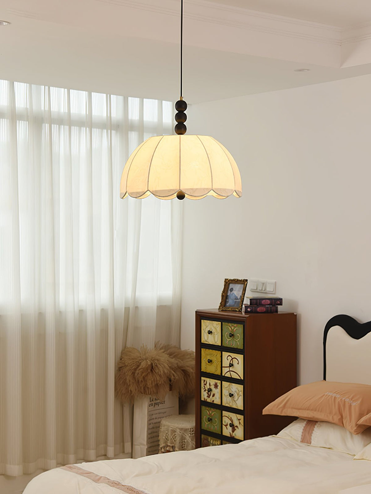 Syphaen Traditionnel Floraison Tissu Bois Pendentif Lumière - Neutralighting