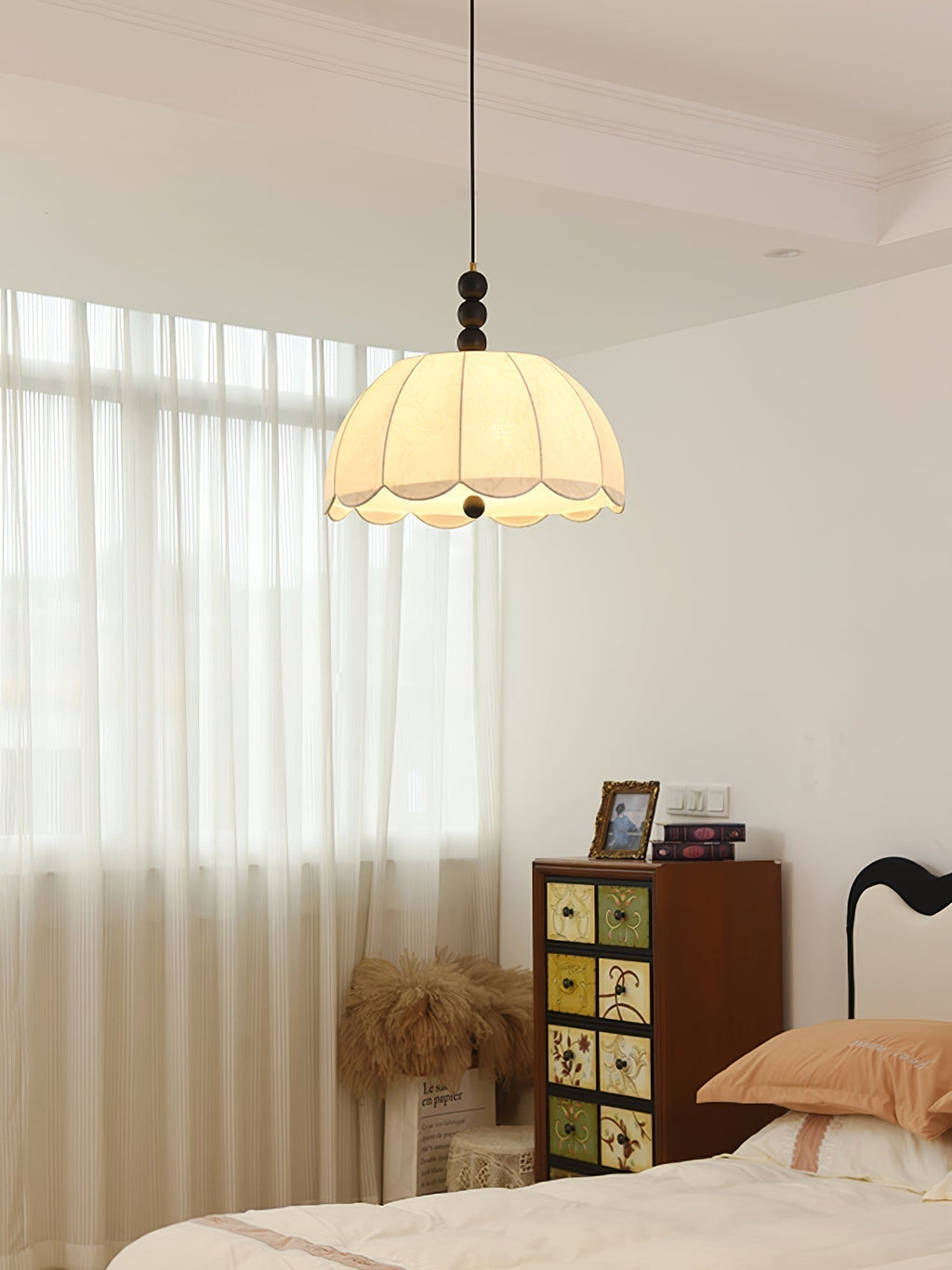 Syphaen Traditionnel Floraison Tissu Bois Pendentif Lumière - Neutralighting
