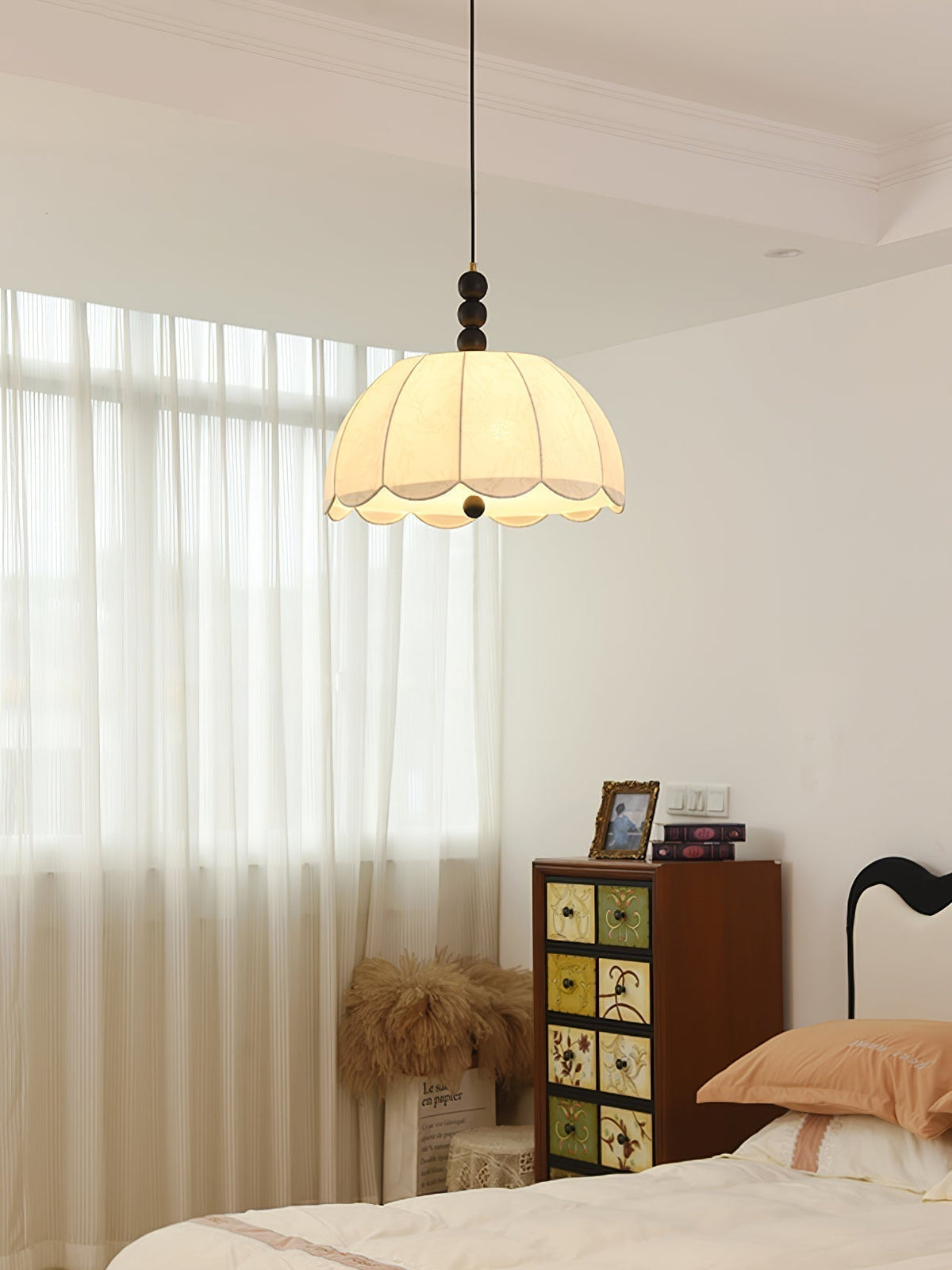 Syphaen Traditionnel Floraison Tissu Bois Pendentif Lumière - Neutralighting