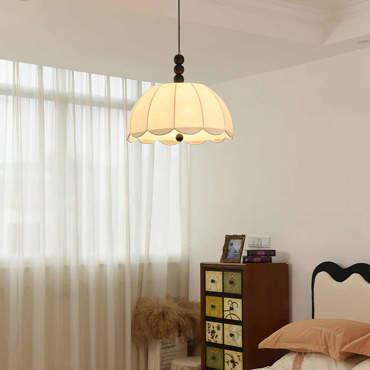 Syphaen Traditionnel Floraison Tissu Bois Pendentif Lumière - Neutralighting