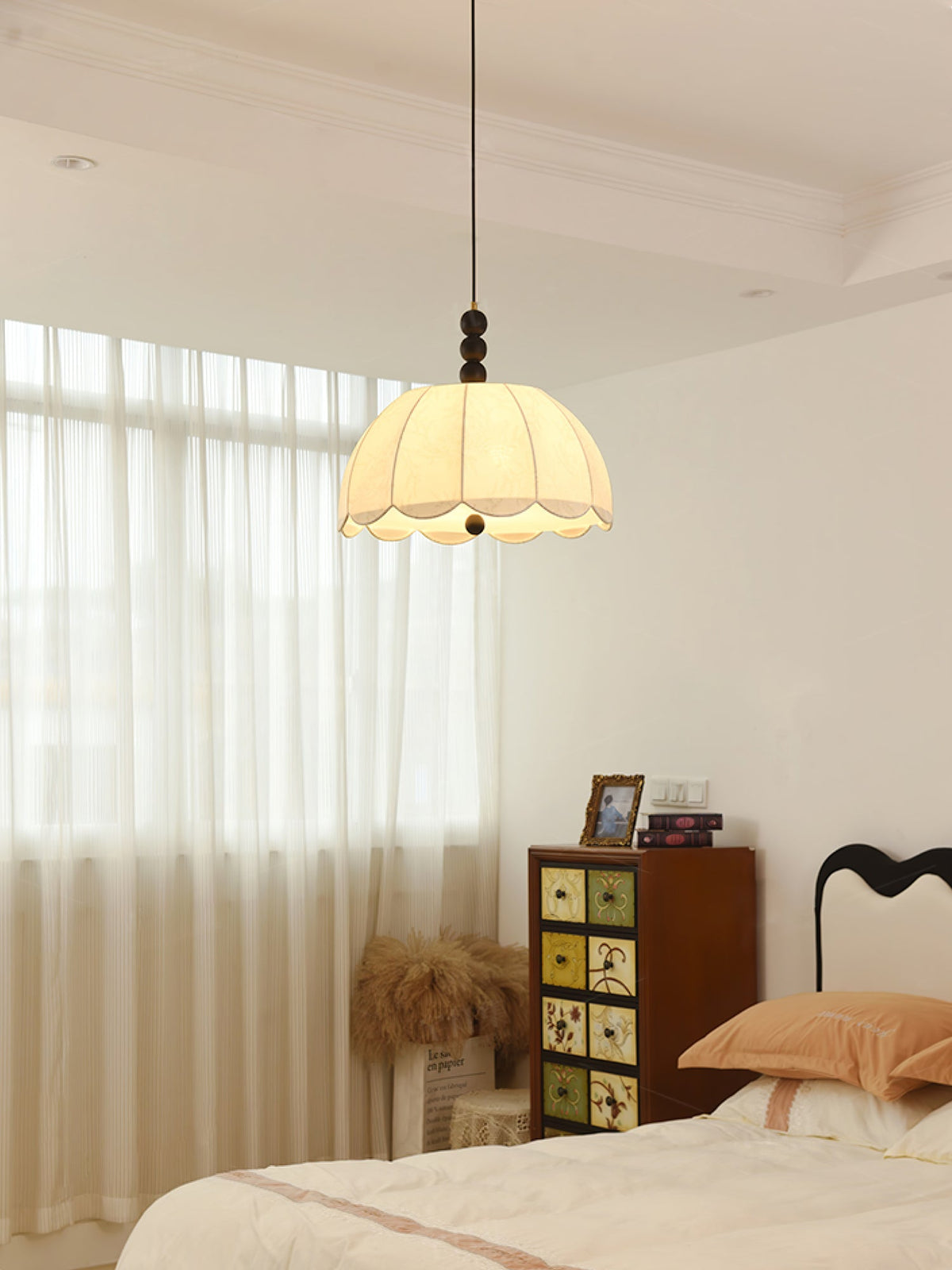 Syphaen Traditionnel Floraison Tissu Bois Pendentif Lumière - Neutralighting