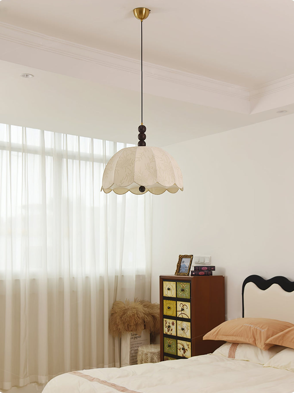 Syphaen Traditionnel Floraison Tissu Bois Pendentif Lumière - Neutralighting