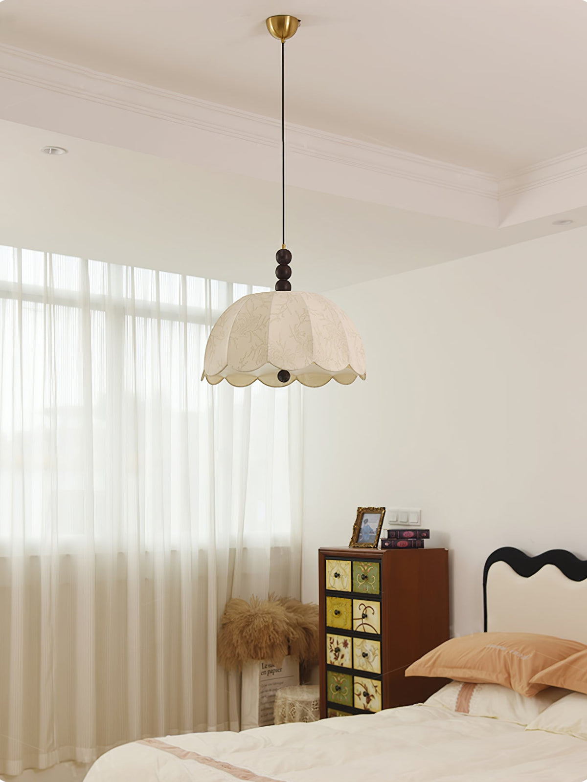 Syphaen Traditionnel Floraison Tissu Bois Pendentif Lumière - Neutralighting