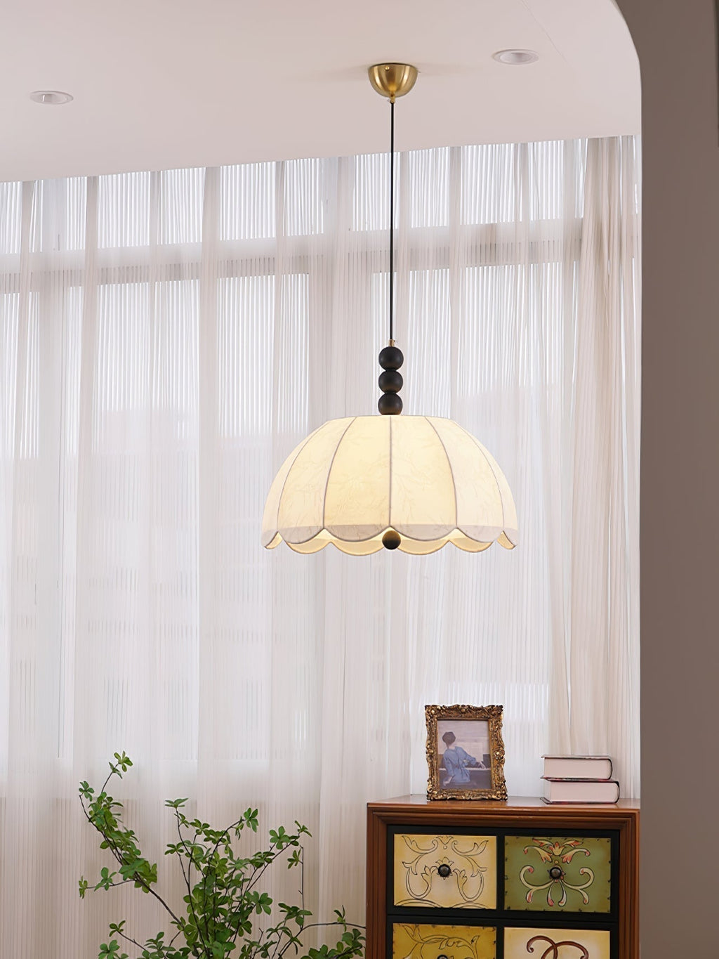 Syphaen Traditionnel Floraison Tissu Bois Pendentif Lumière - Neutralighting