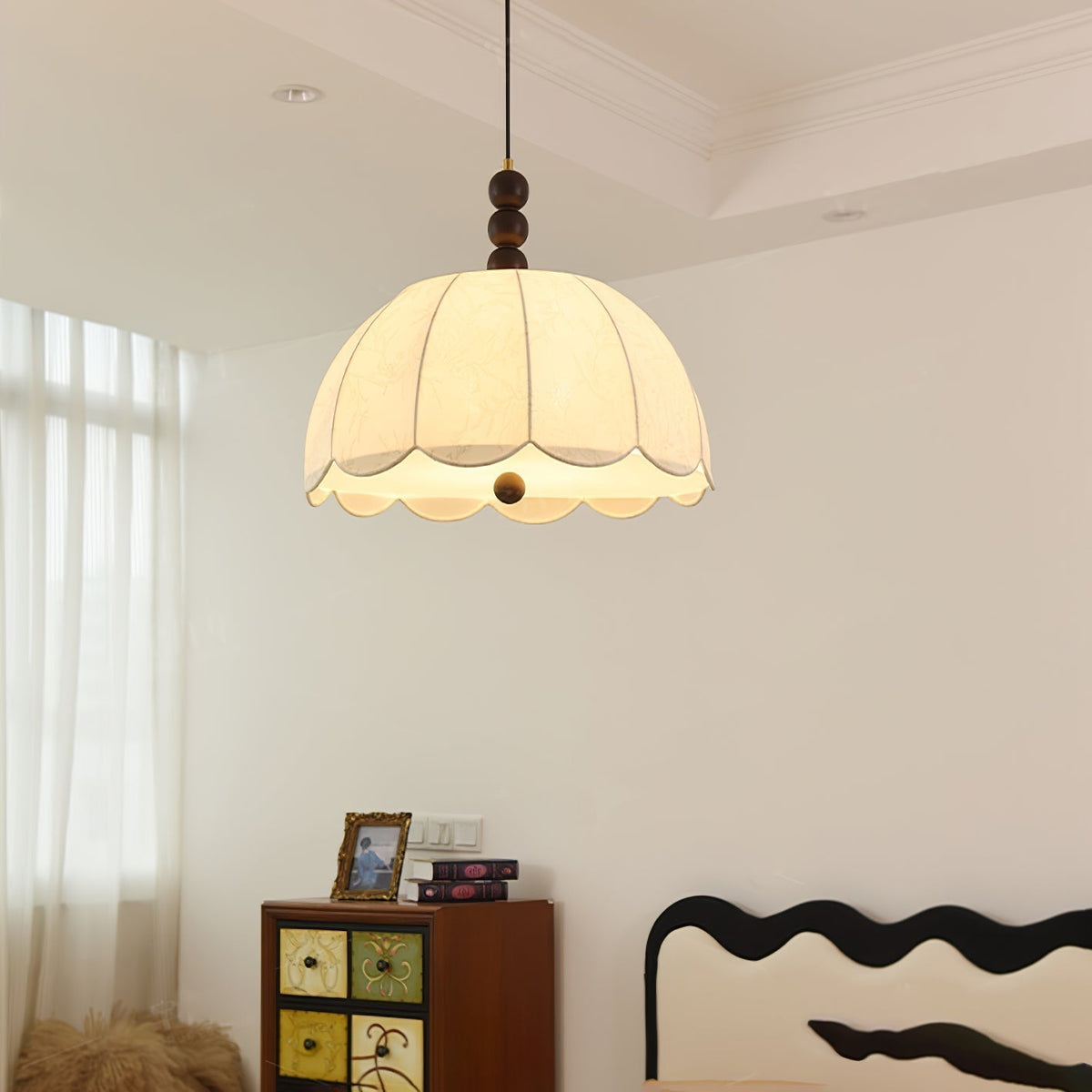 Syphaen Traditionnel Floraison Tissu Bois Pendentif Lumière - Neutralighting