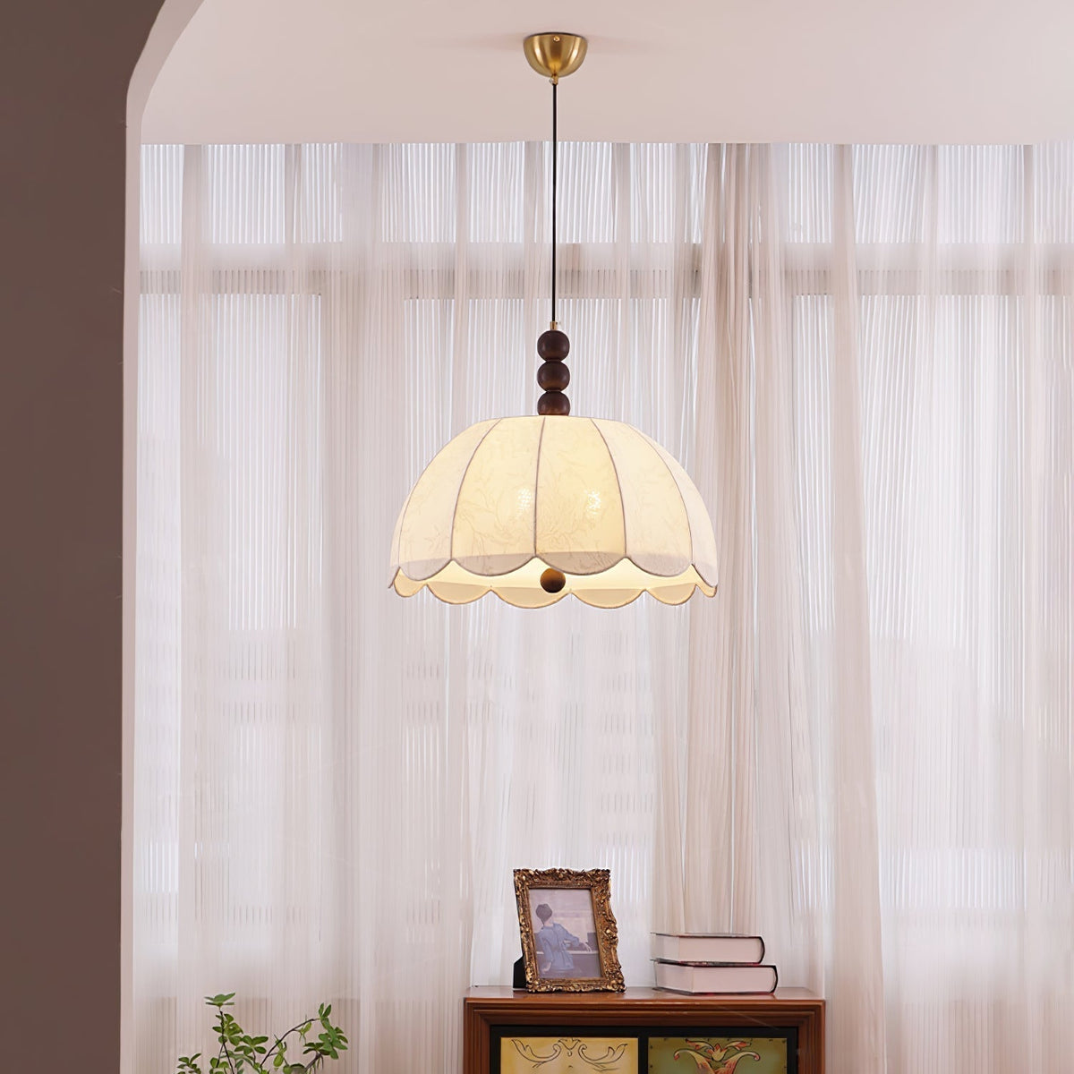 Syphaen Traditionnel Floraison Tissu Bois Pendentif Lumière - Neutralighting