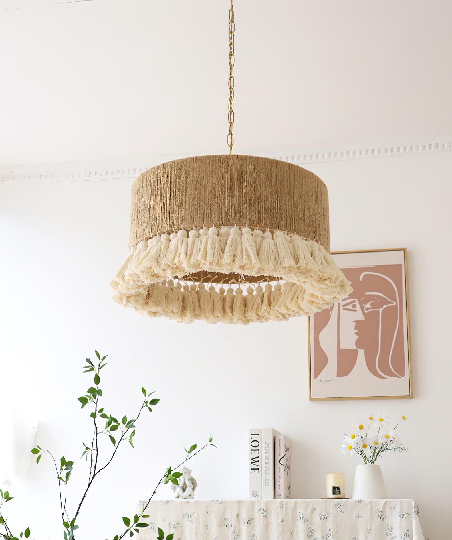 Lustra Suspension Lampe à Franges en Coton pour Salon - Neutralighting
