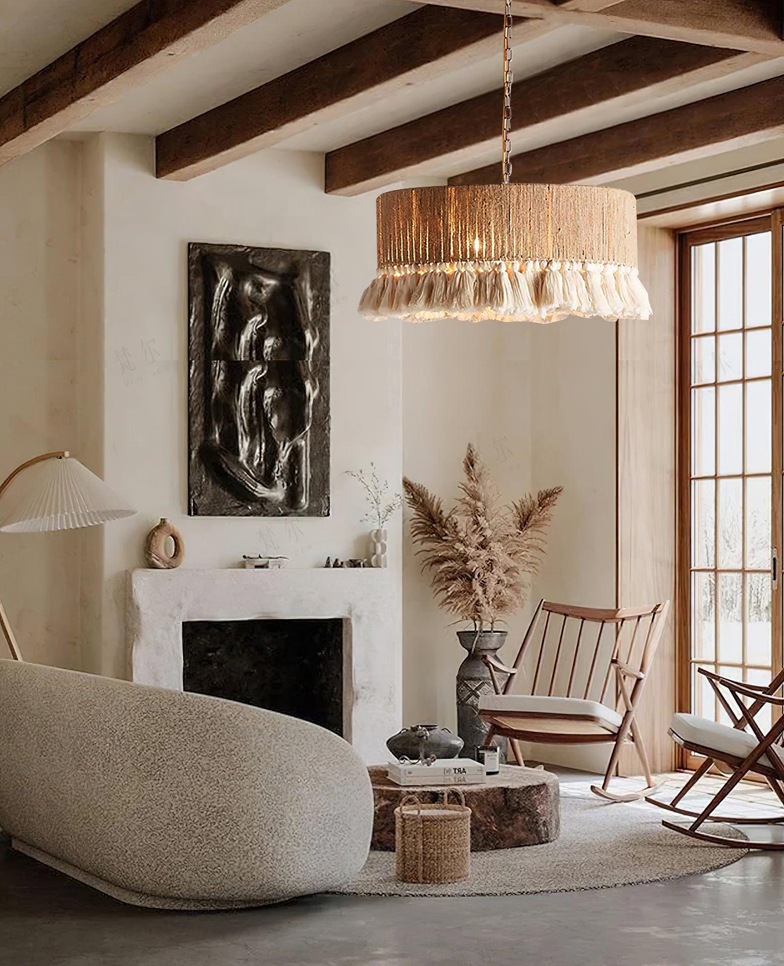 Lustra Suspension Lampe à Franges en Coton pour Salon - Neutralighting