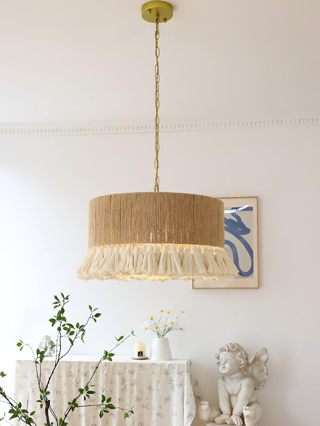 Lustra Suspension Lampe à Franges en Coton pour Salon - Neutralighting