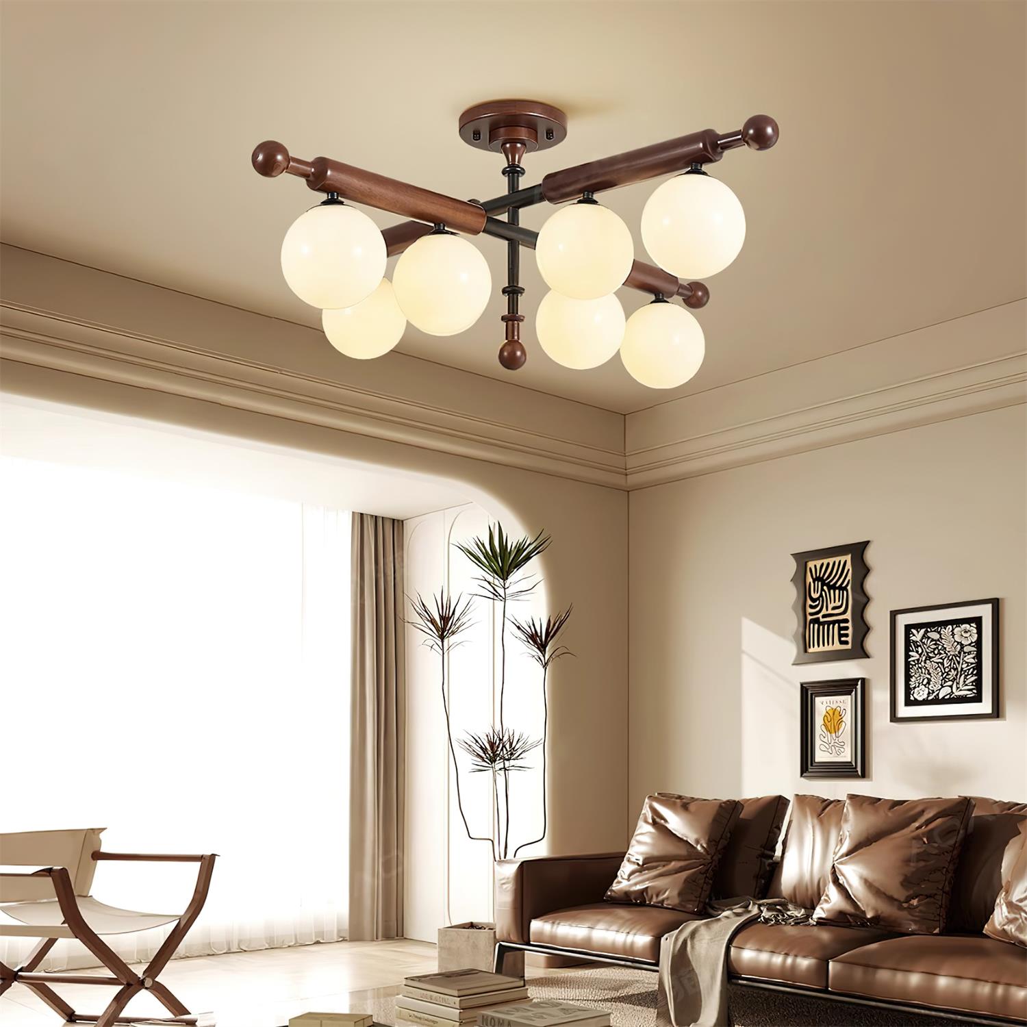 Briette Lustre Plafonnier Bras en Bois Globe Sculptural - Neutralighting
