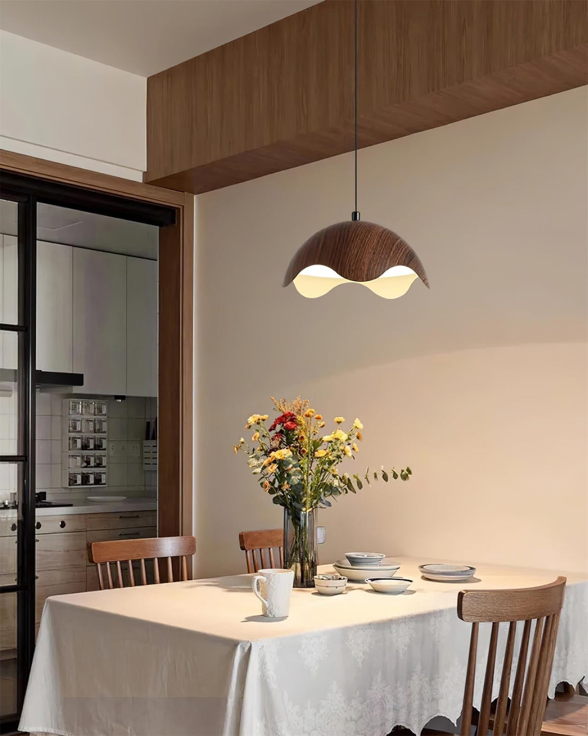 Suspension Abat-jour en Grain de Bois Vague Ambiance Minimaliste - Neutralighting
