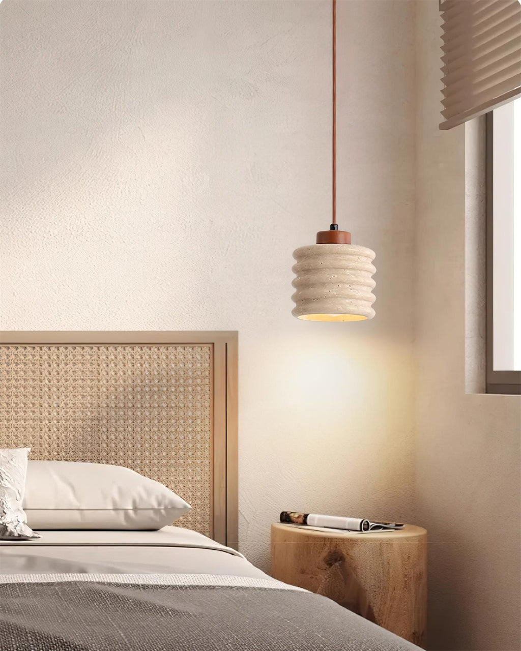 Virelli Lampe Pendante Abat-jour Ondulé en Travertin Bois de Noyer Organique Wabi-Sabi - Neutralighting
