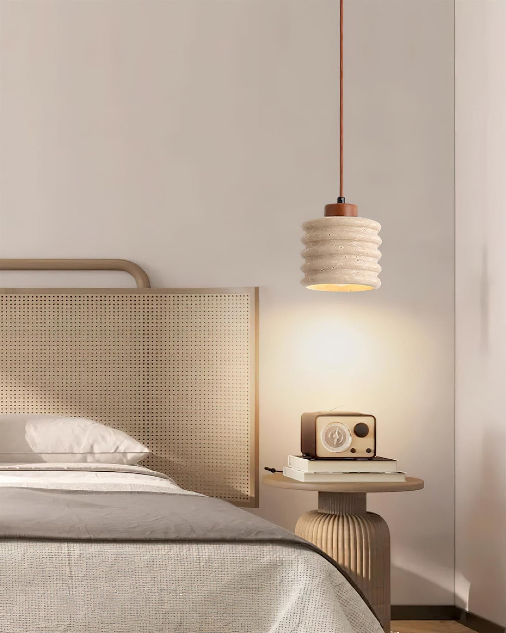 Virelli Lampe Pendante Abat-jour Ondulé en Travertin Bois de Noyer Organique Wabi-Sabi - Neutralighting