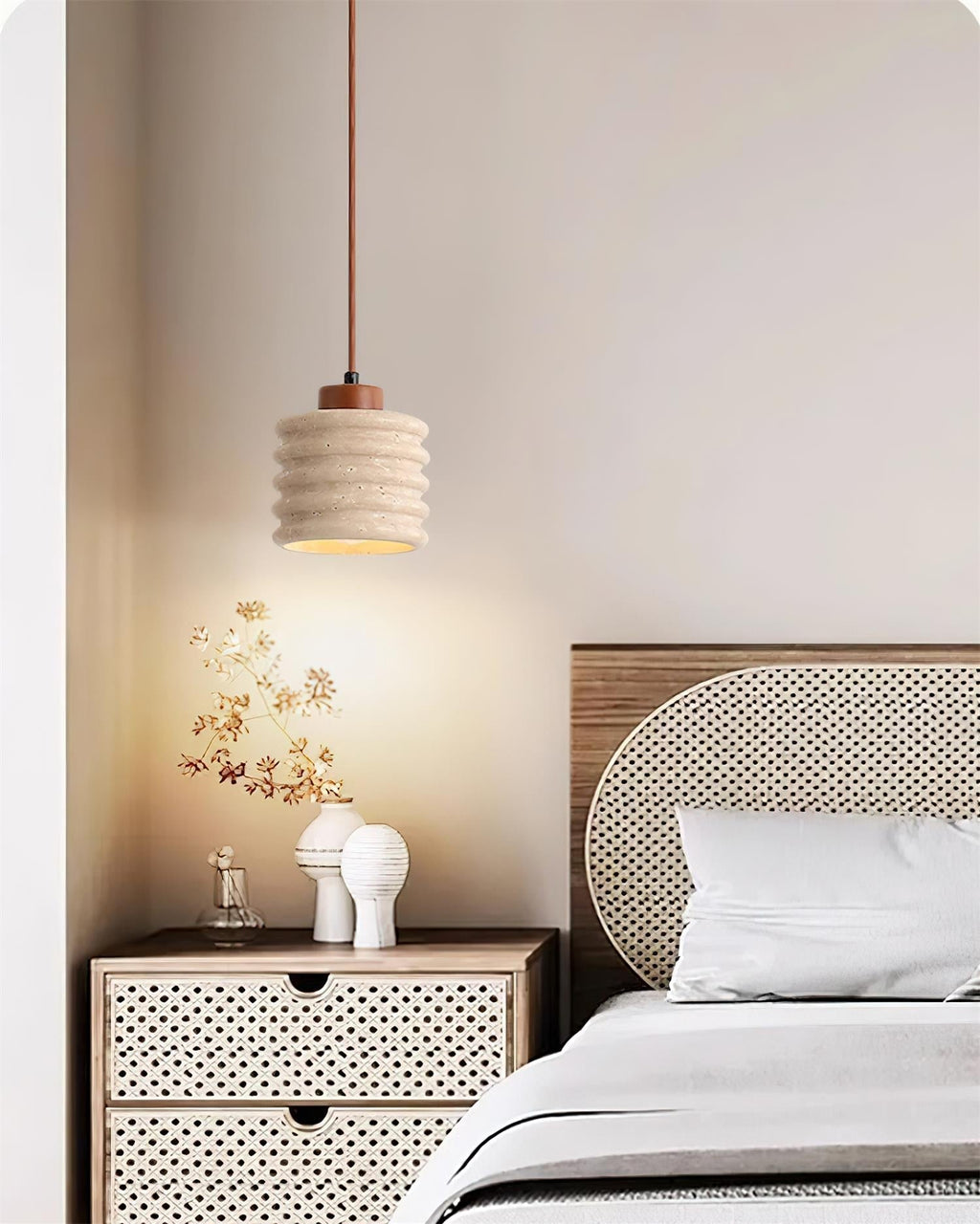 Virelli Lampe Pendante Abat-jour Ondulé en Travertin Bois de Noyer Organique Wabi-Sabi - Neutralighting