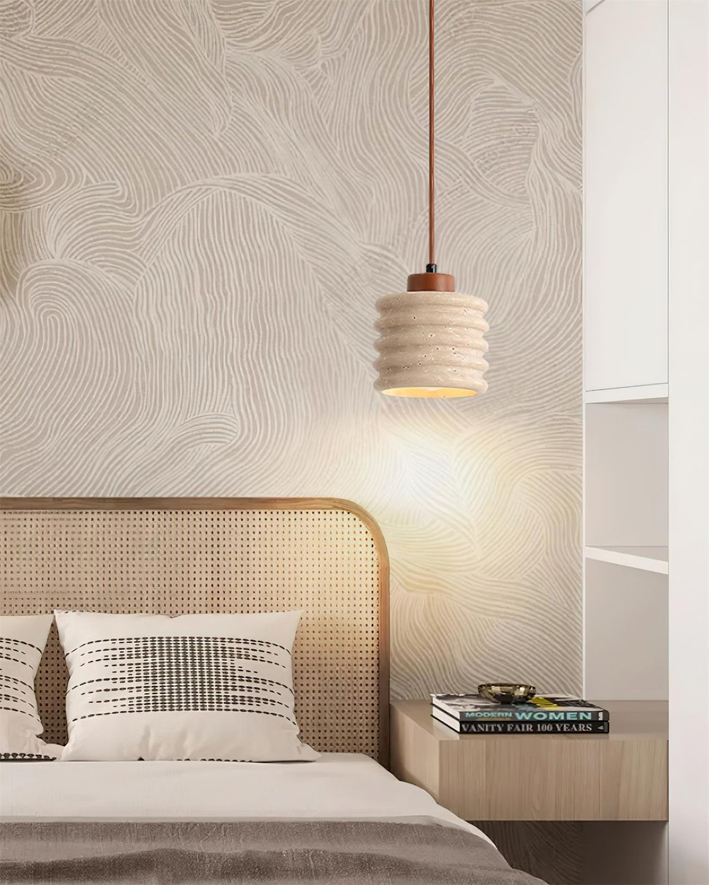 Virelli Lampe Pendante Abat-jour Ondulé en Travertin Bois de Noyer Organique Wabi-Sabi - Neutralighting