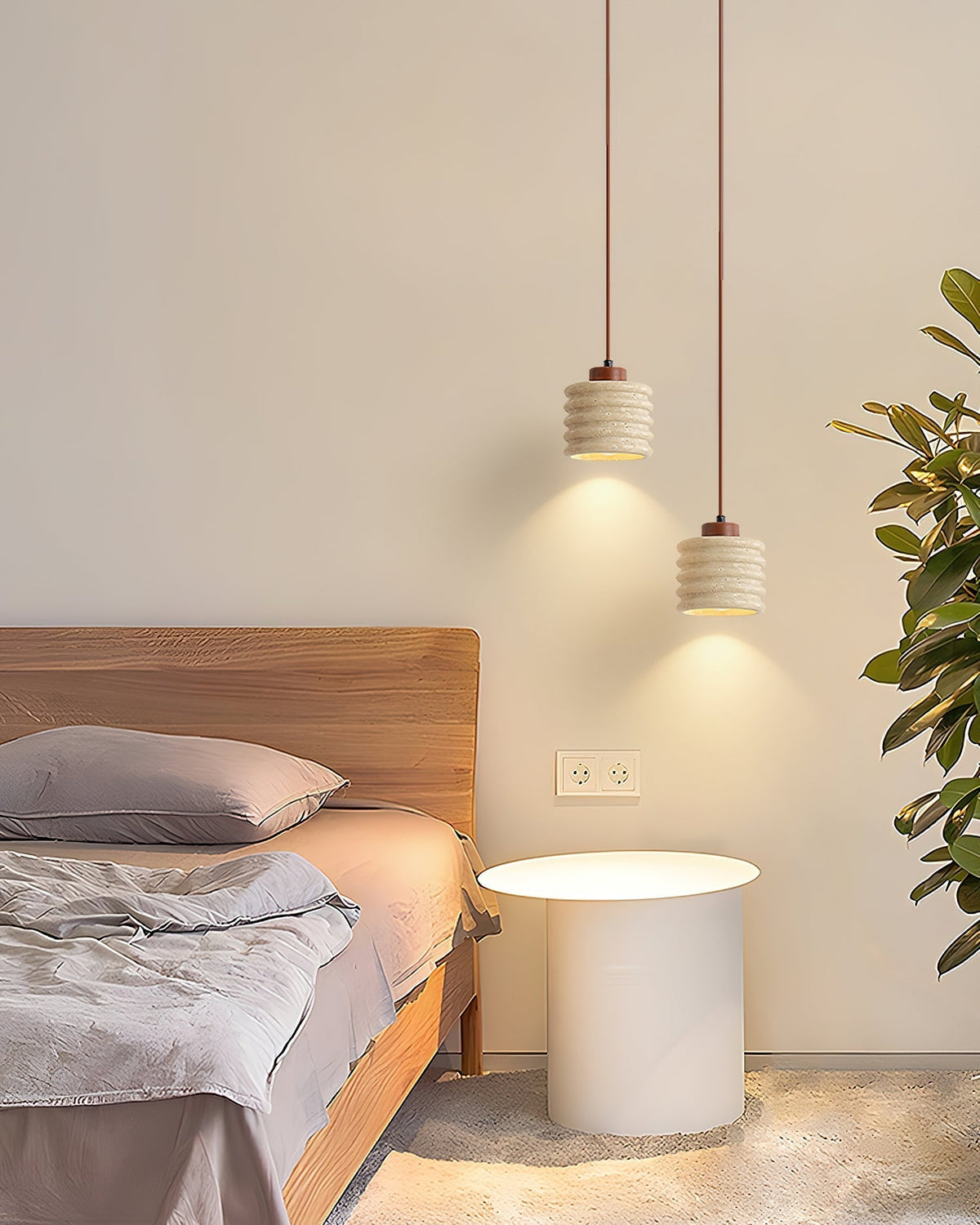 Virelli Lampe Pendante Abat-jour Ondulé en Travertin Bois de Noyer Organique Wabi-Sabi - Neutralighting