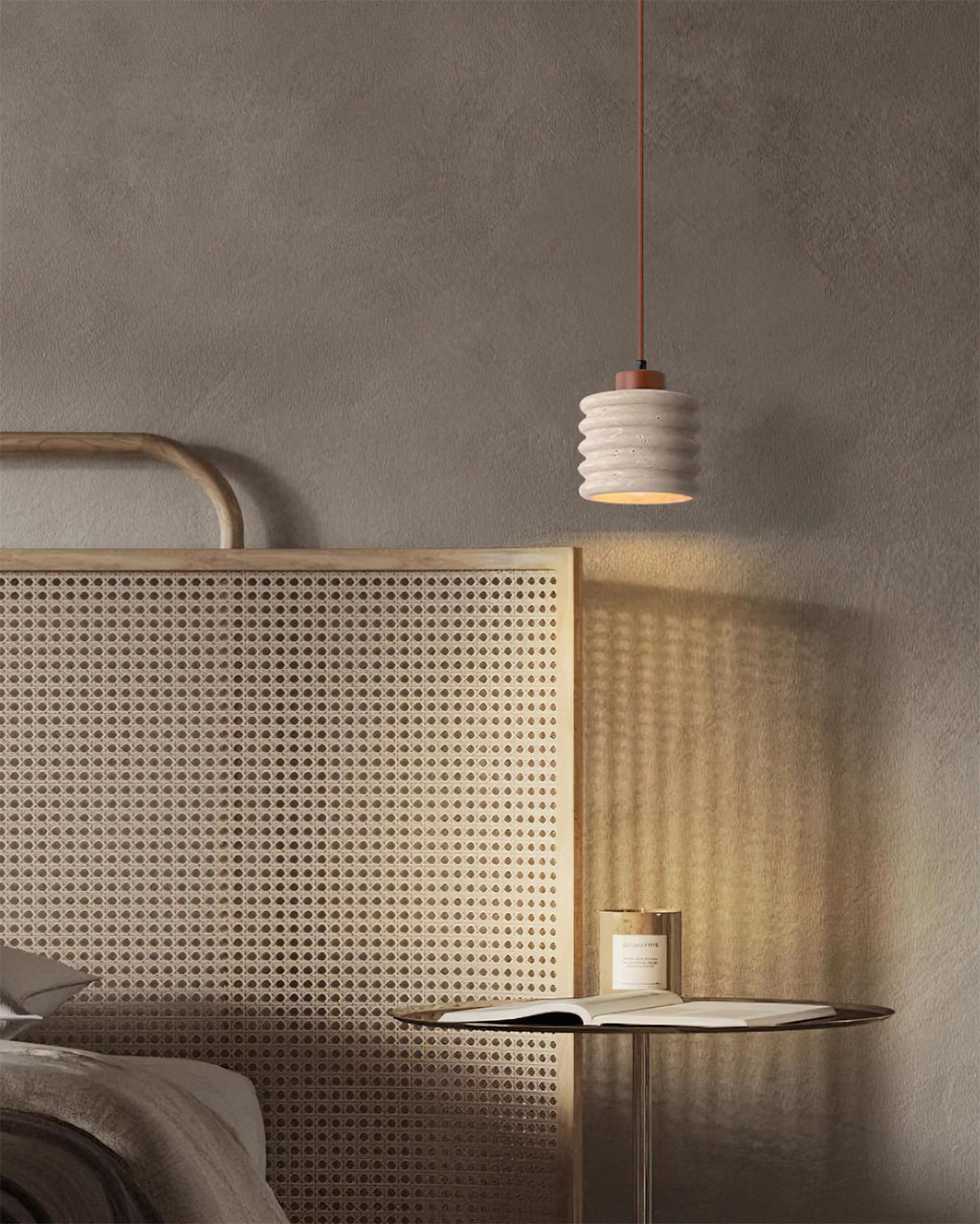 Virelli Lampe Pendante Abat-jour Ondulé en Travertin Bois de Noyer Organique Wabi-Sabi - Neutralighting