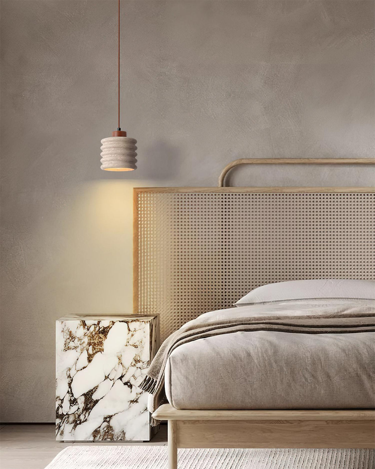Virelli Lampe Pendante Abat-jour Ondulé en Travertin Bois de Noyer Organique Wabi-Sabi - Neutralighting