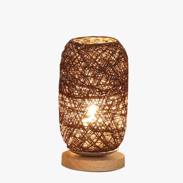 Lampe à poser en rotin LED avec socle en bois et abat-jour arrondie