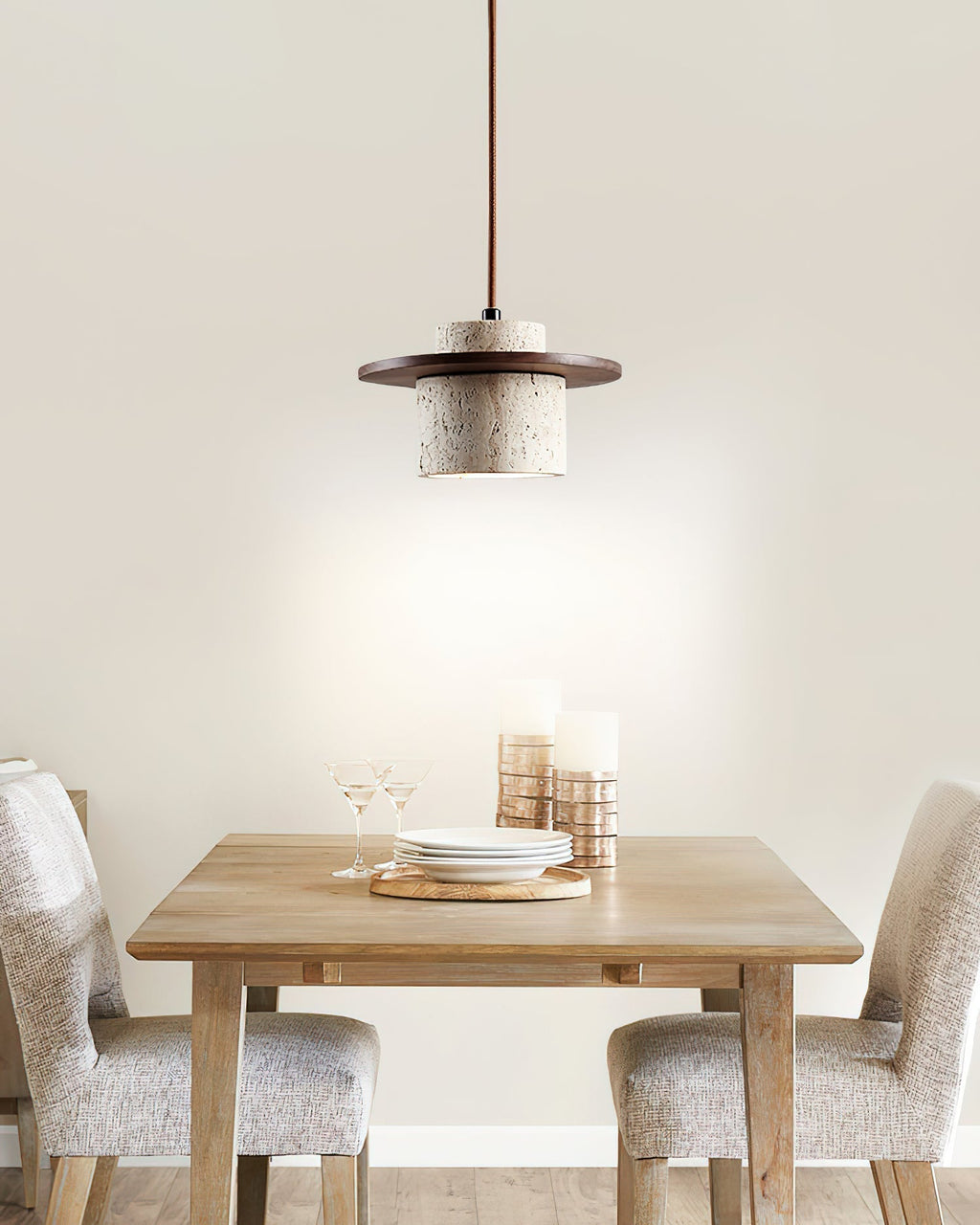 Disque Lampe Pendante Cylindre en Travertin en Bois de Noyer Artisanal - Neutralighting