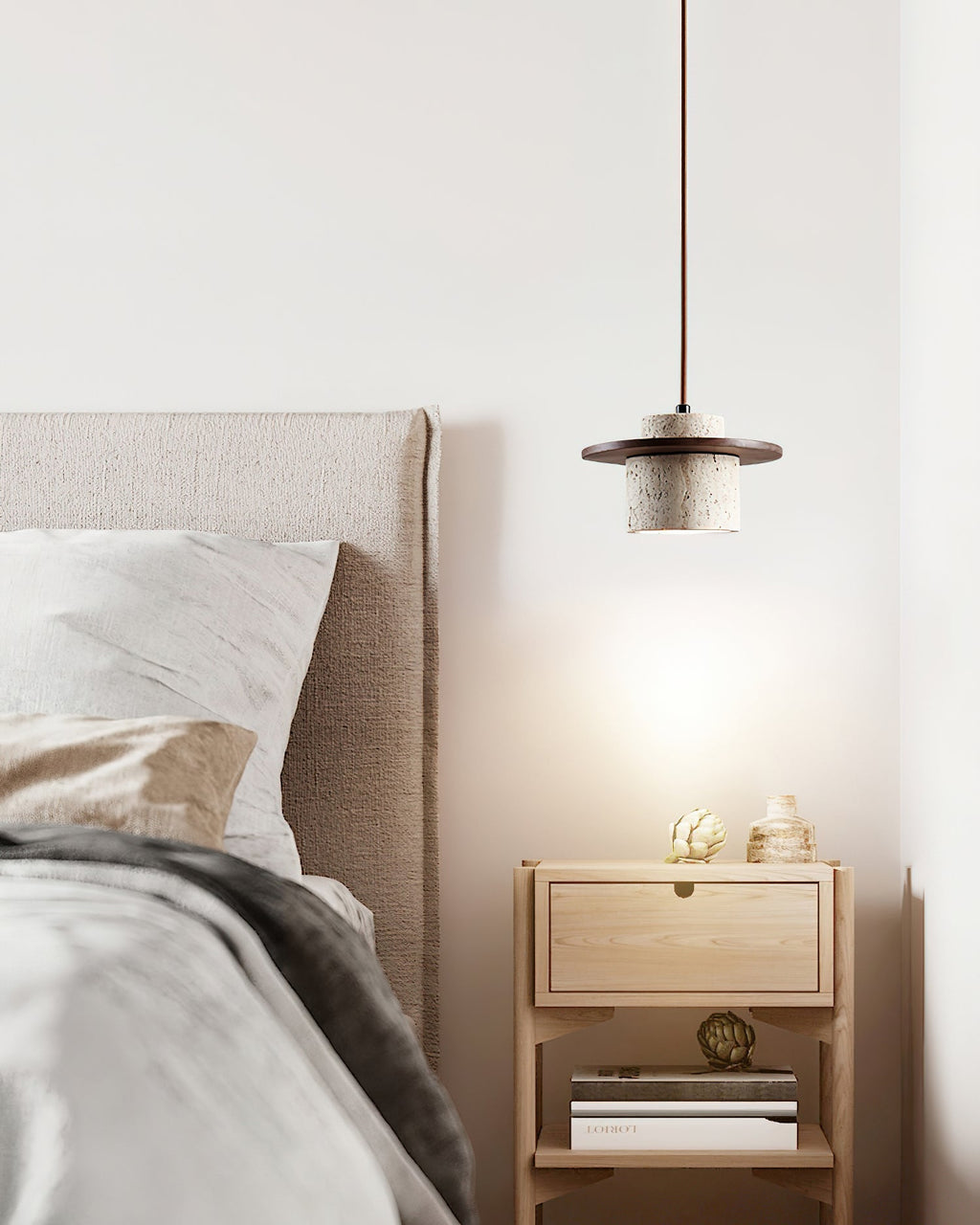 Disque Lampe Pendante Cylindre en Travertin en Bois de Noyer Artisanal - Neutralighting