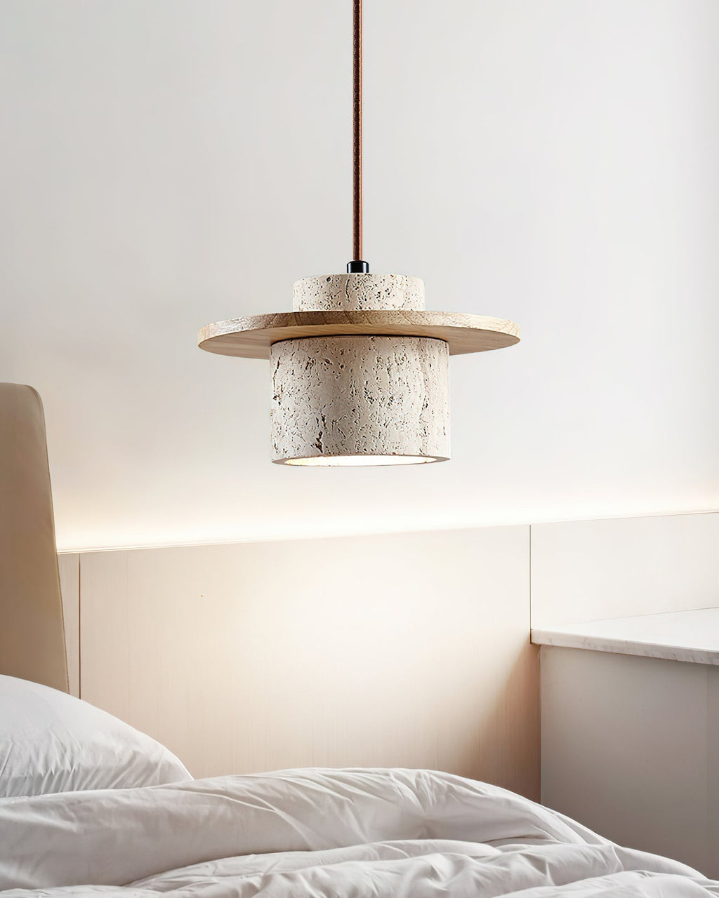 Disque Lampe Pendante Cylindre en Travertin en Bois de Noyer Artisanal - Neutralighting