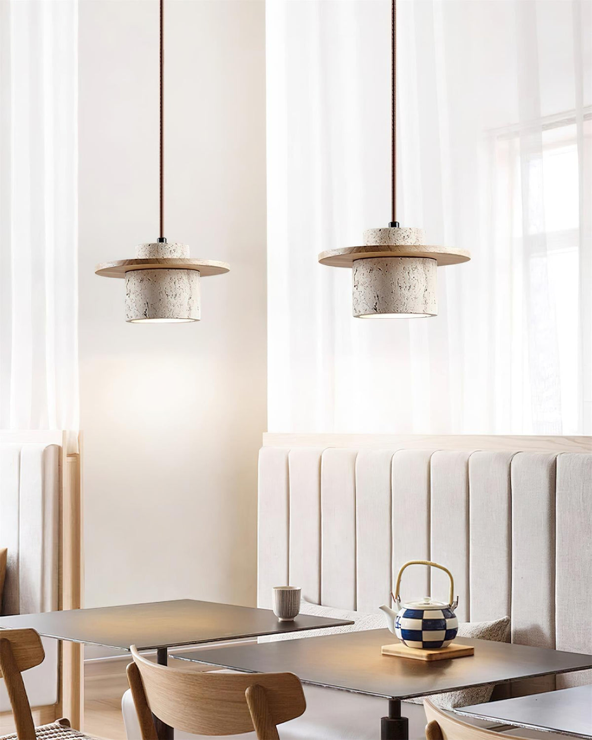 Disque Lampe Pendante Cylindre en Travertin en Bois de Noyer Artisanal - Neutralighting