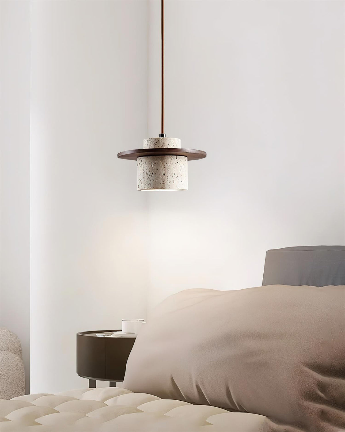 Disque Lampe Pendante Cylindre en Travertin en Bois de Noyer Artisanal - Neutralighting