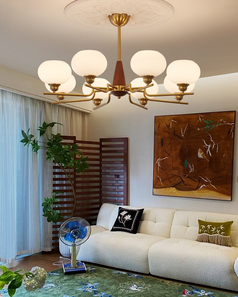Lustra Chandelier en Noyer avec Globes en Verre Opale - Neutralighting