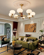 Lustra Chandelier en Noyer avec Globes en Verre Opale - Neutralighting
