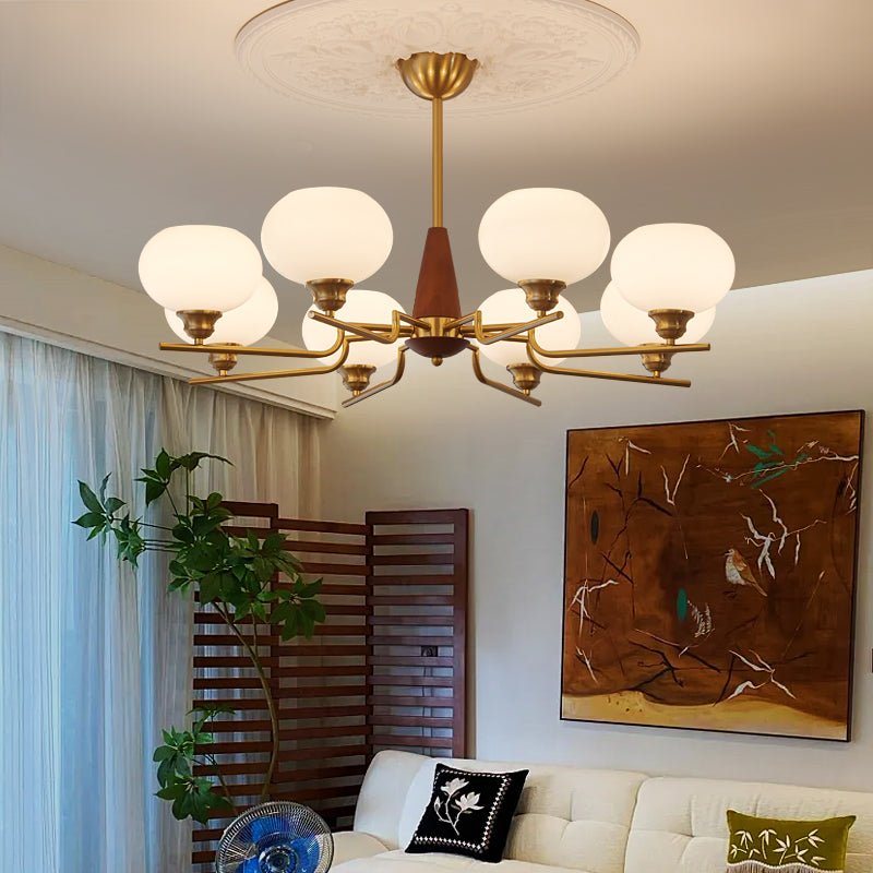 Lustra Chandelier en Noyer avec Globes en Verre Opale - Neutralighting