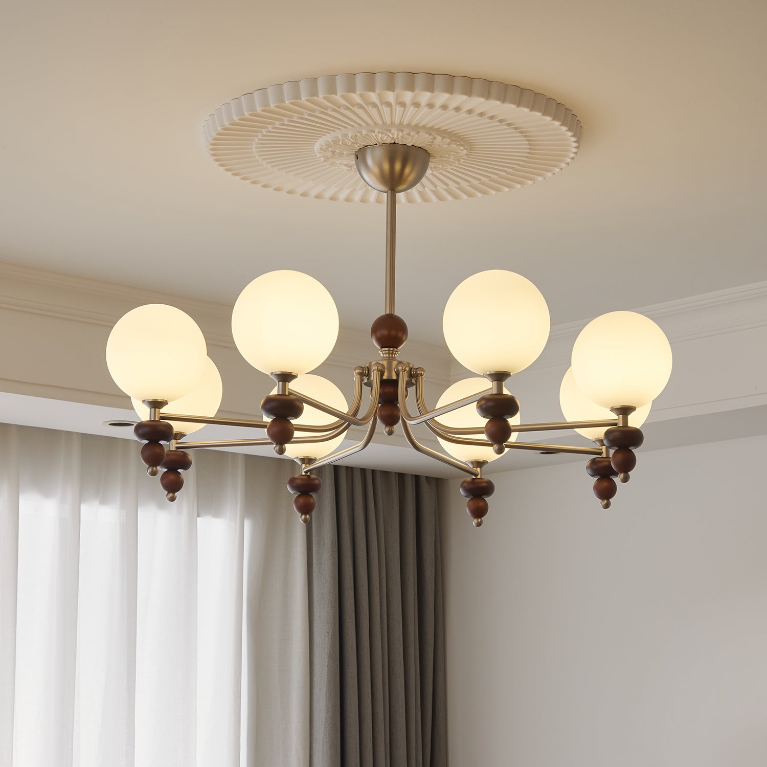 Cemarus Chandelier Sphère Bois Noyer Verre Traditionnel - Neutralighting