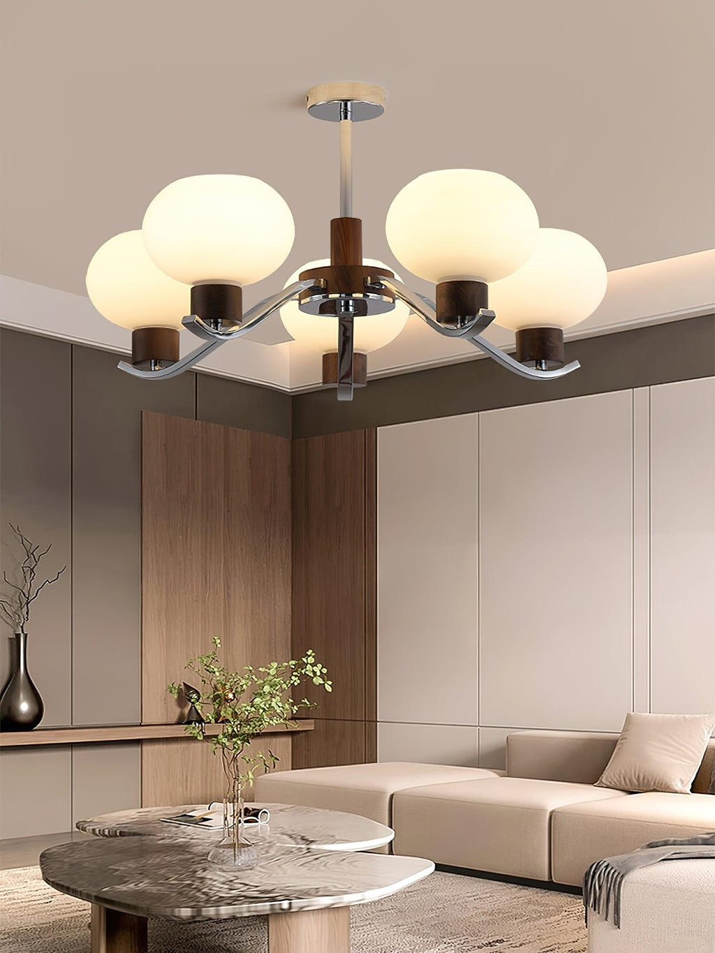 Lustra Chandelier Élégant en Chrome et Noyer - Neutralighting